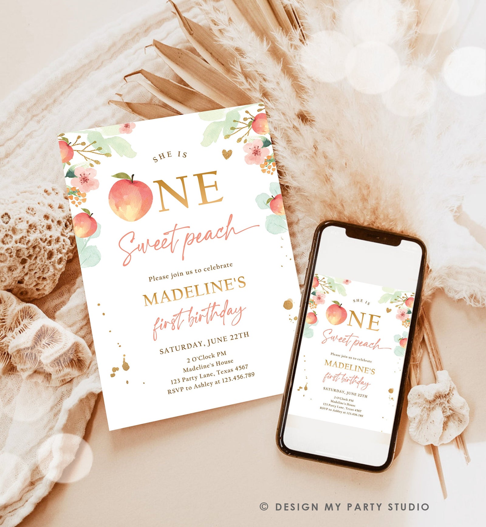 Editable One Sweet Peach First Birthday Invitation 1st Birthday Sweet Peach Girl Boho Peaches Digital Download Evite Template Printable 0401