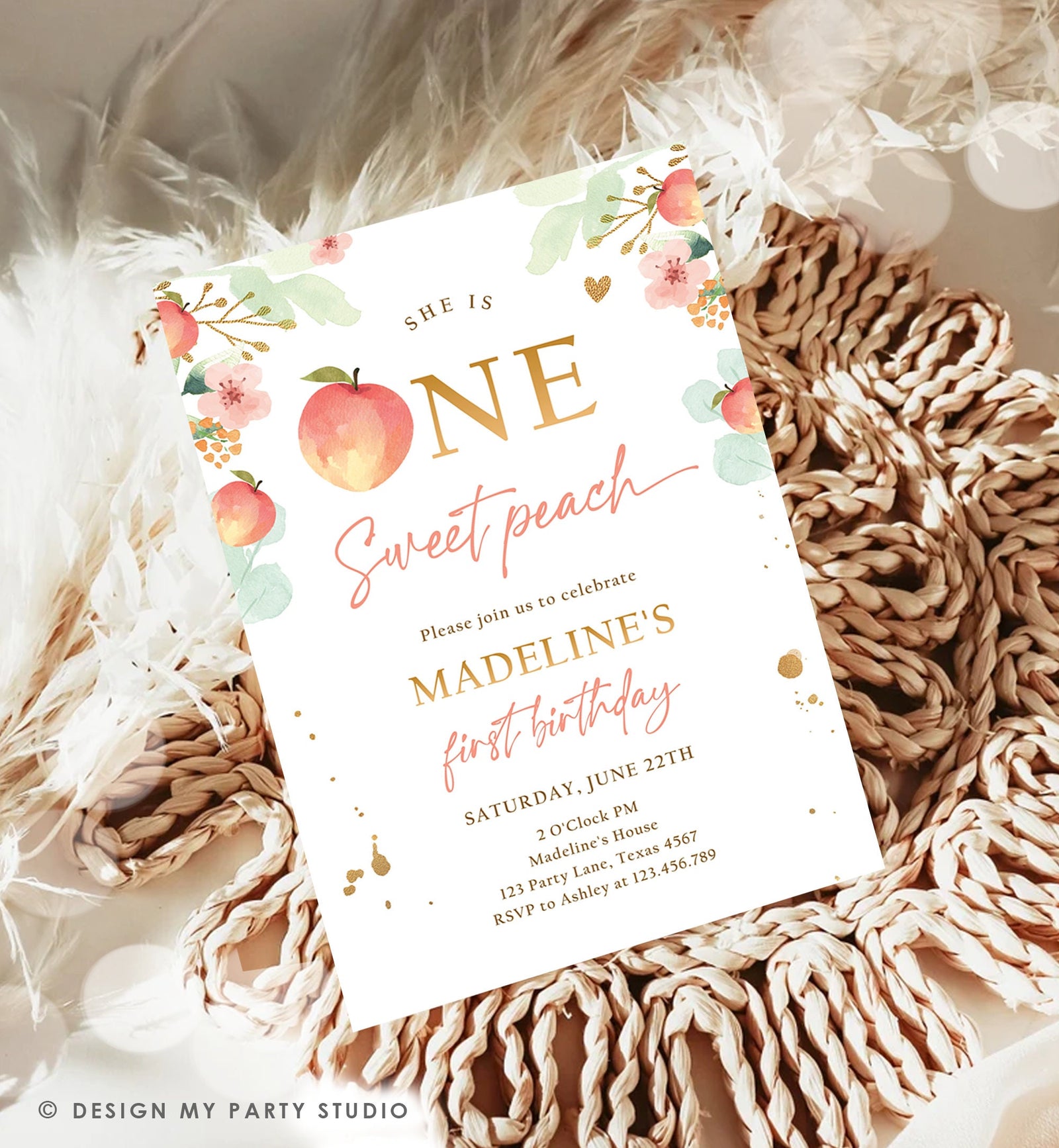 Editable One Sweet Peach First Birthday Invitation 1st Birthday Sweet Peach Girl Boho Peaches Digital Download Evite Template Printable 0401