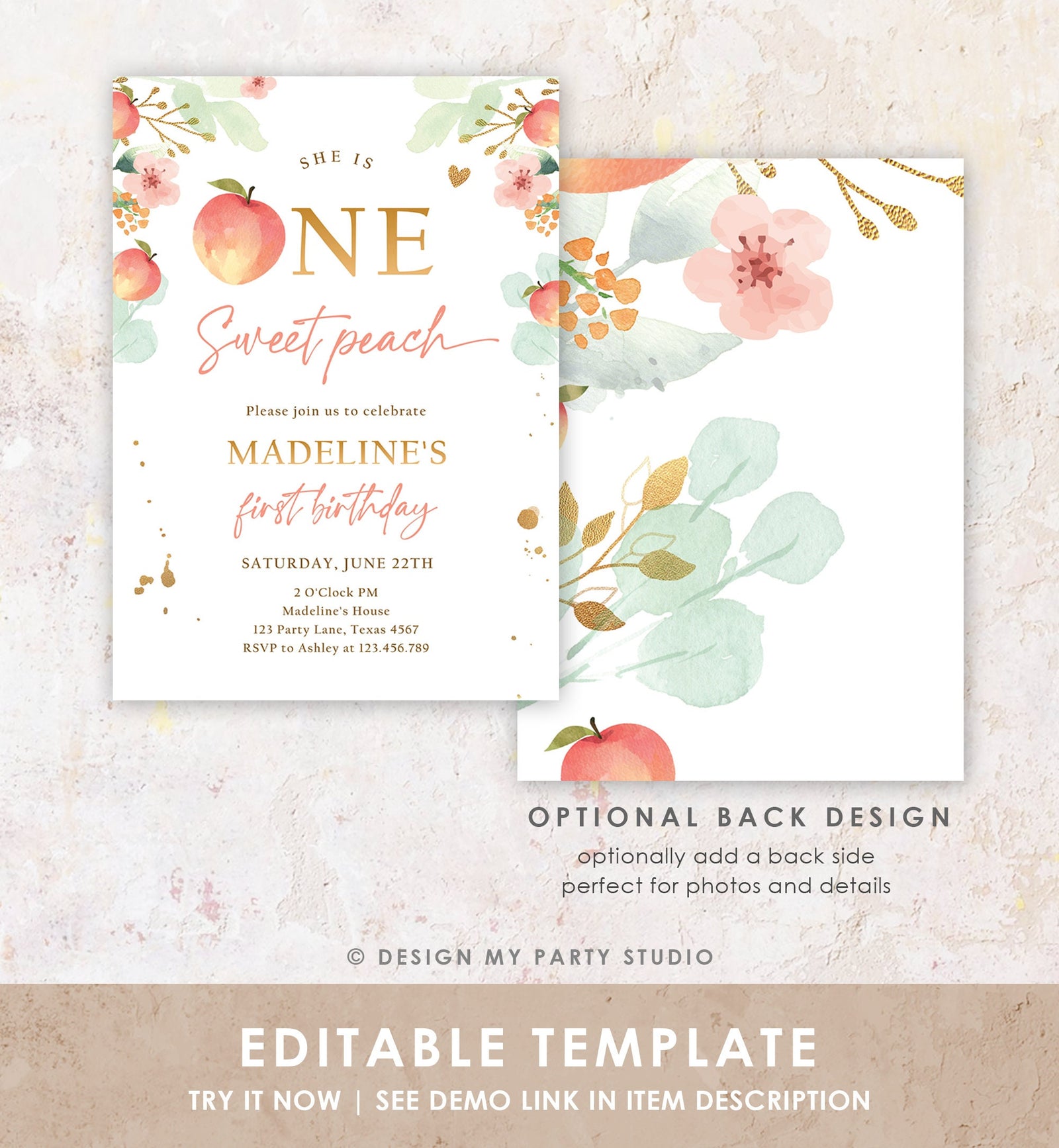 Editable One Sweet Peach First Birthday Invitation 1st Birthday Sweet Peach Girl Boho Peaches Digital Download Evite Template Printable 0401
