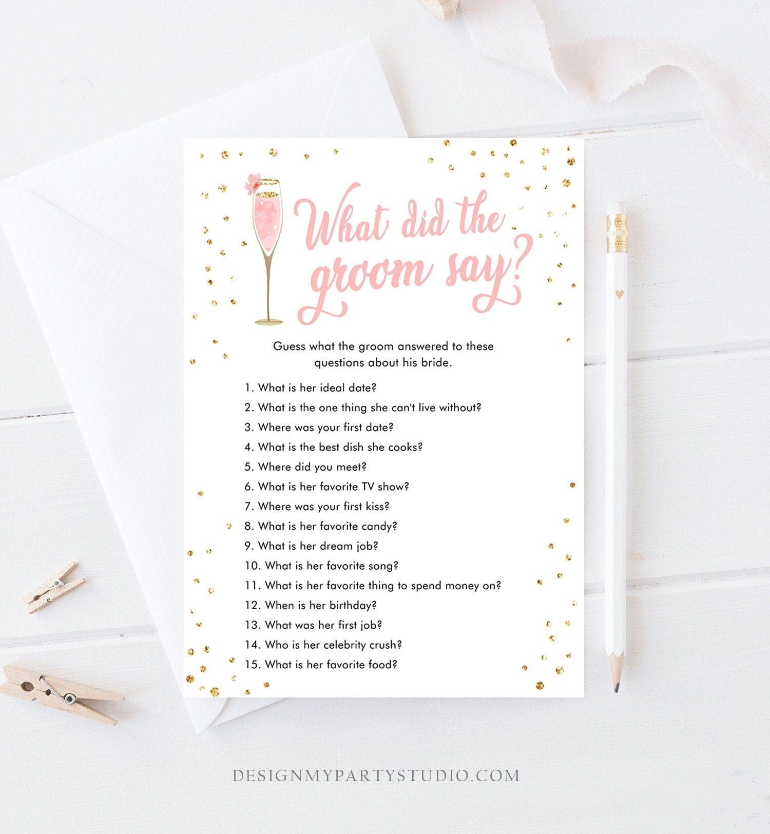 Editable What Did The Groom Say Bridal Shower Game Brunch and Bubbly What Groom Said Wedding Activity Gold Corjl Template Printable 0150