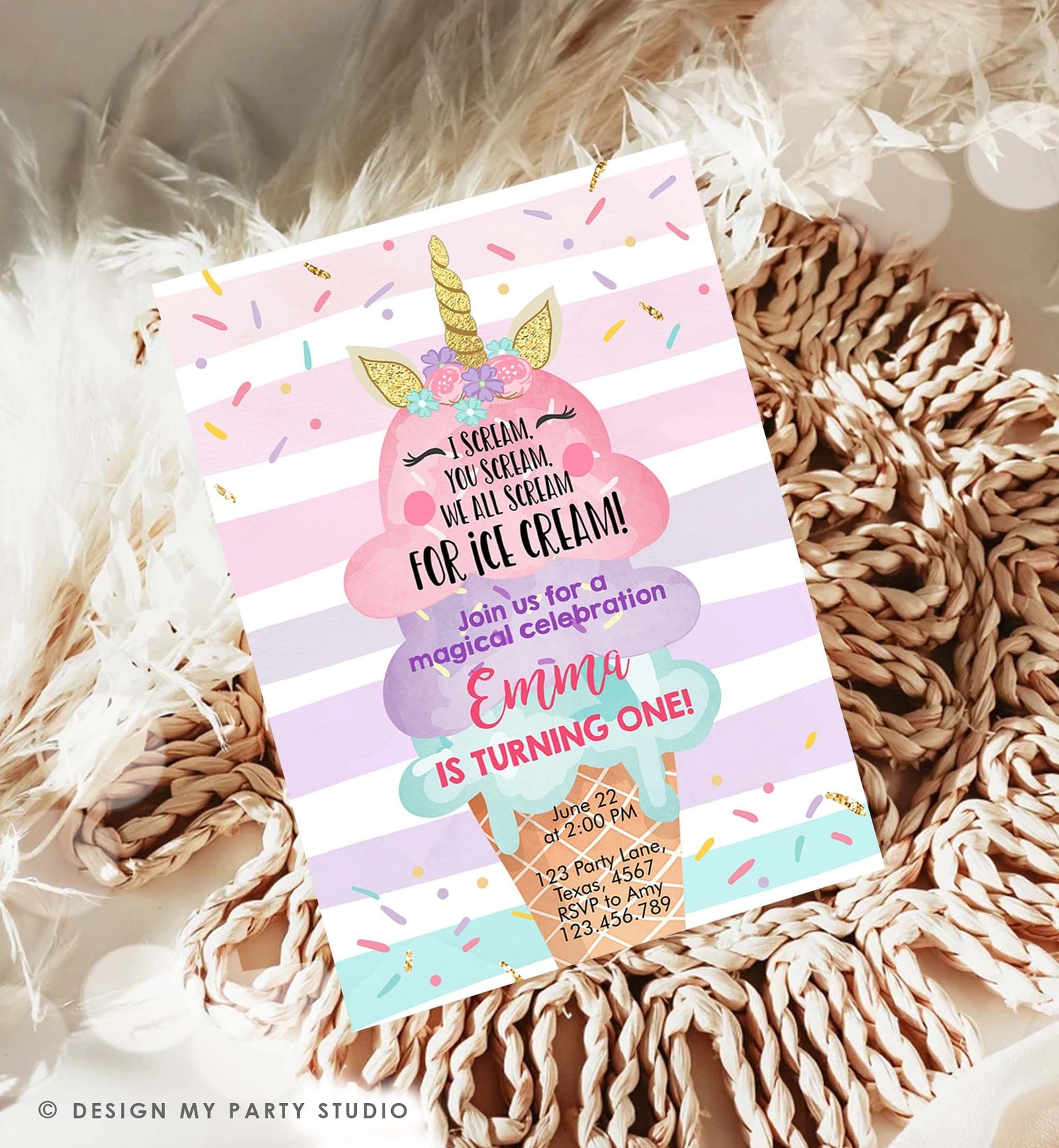 Editable Unicorn Ice Cream Birthday Invitation 1st Birthday Party Here's the Scoop Cone Rainbow Magical First Printable Template Corjl 0243