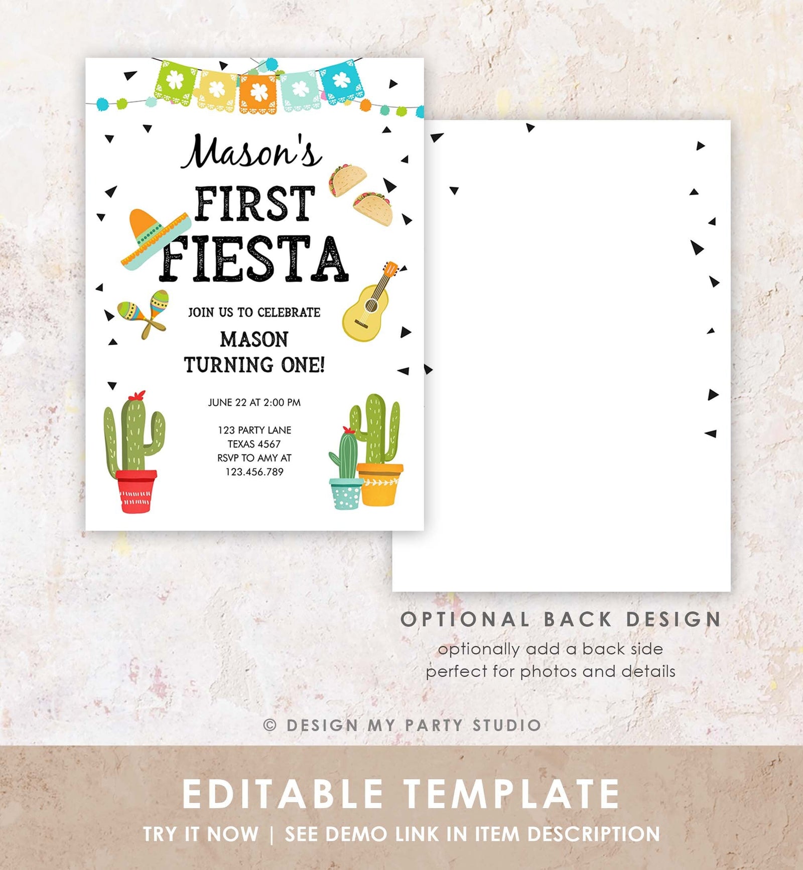 Editable First Fiesta Birthday Invitation Boy 1st Fiesta Taco Sombrero Blue Party Mexican Digital Download Evite Template Printable0161