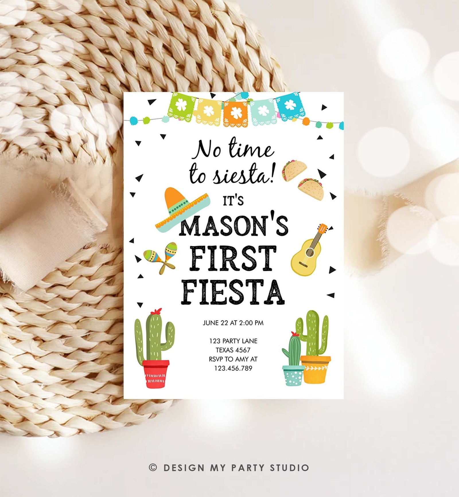 Editable First Fiesta Birthday Invitation Boy 1st Fiesta Taco Sombrero No Time to Siesta Download Printable Invitation Template Corjl 0161