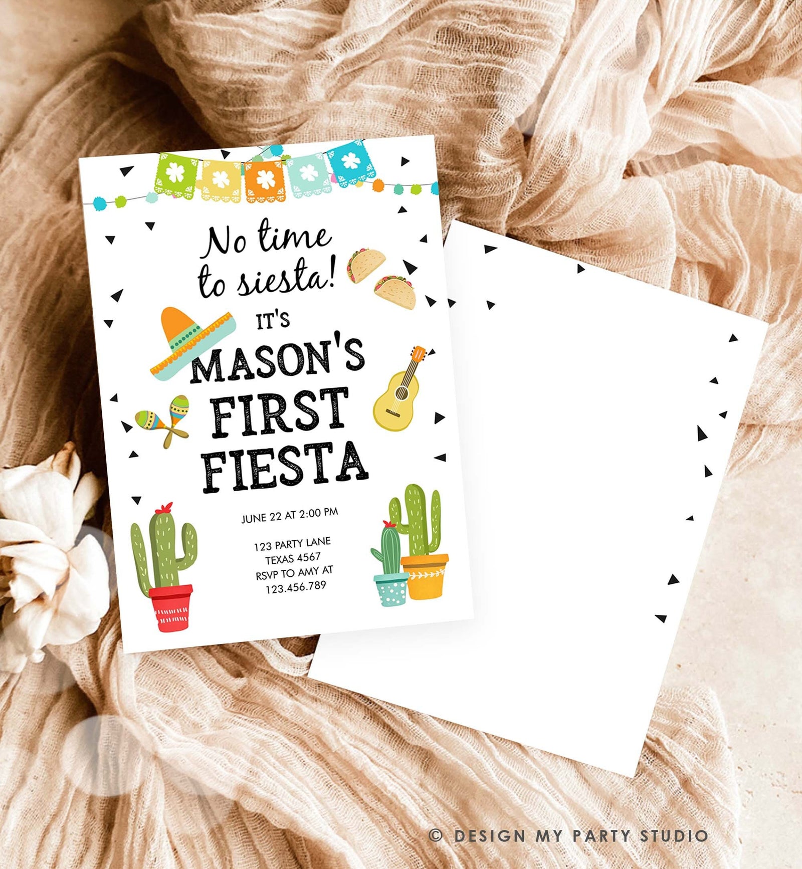 Editable First Fiesta Birthday Invitation Boy 1st Fiesta Taco Sombrero No Time to Siesta Download Printable Invitation Template Corjl 0161