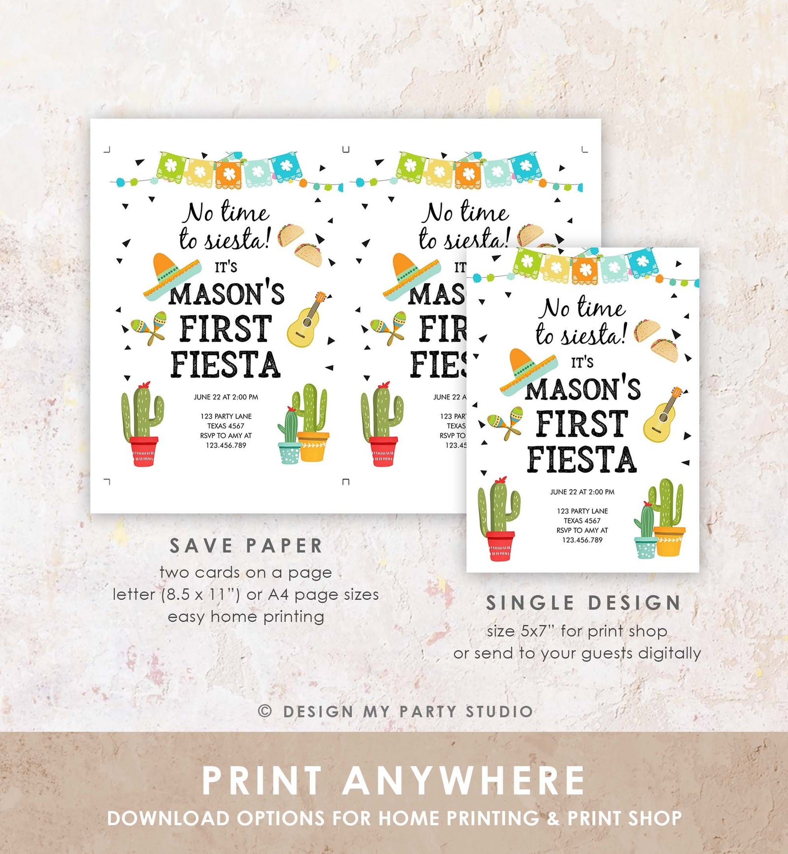 Editable First Fiesta Birthday Invitation Boy 1st Fiesta Taco Sombrero No Time to Siesta Download Printable Invitation Template Corjl 0161