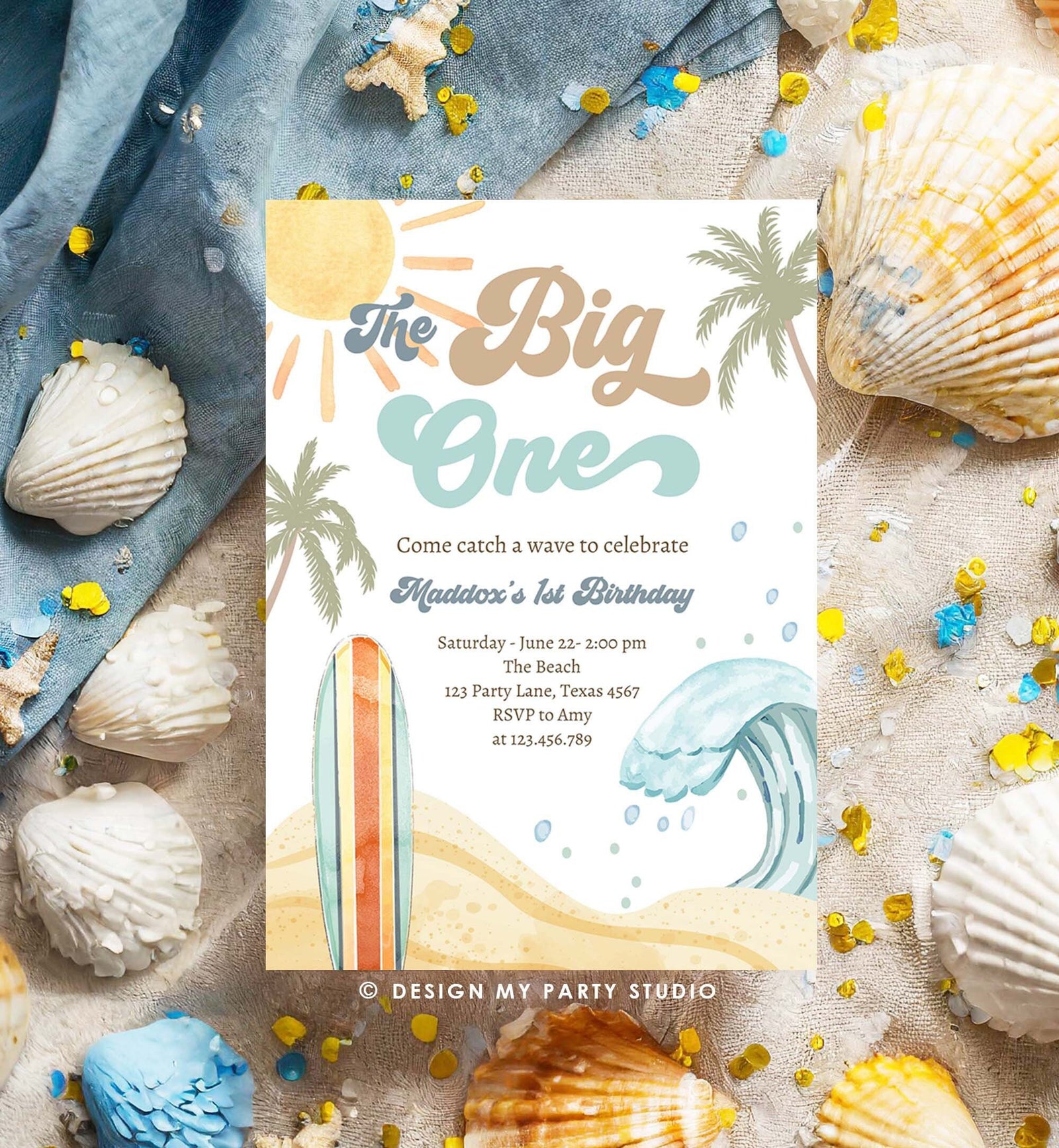Editable The Big One Surf 1st Birthday Invitation Retro Surfboard Beach Party Wave Surfer Boho Digital Download Template Printable 0433