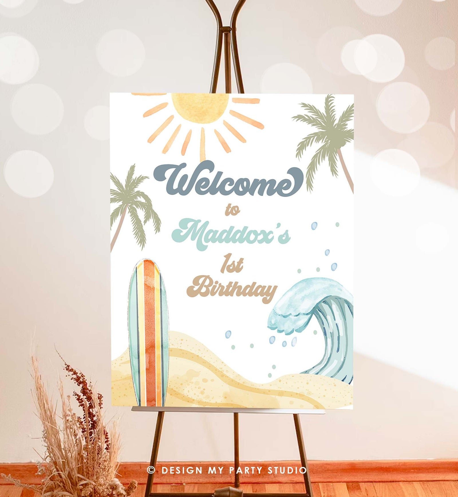 Editable Surf Birthday Welcome Sign Boy The Big One Birthday 1st First Welcome Sign Beach Party Retro Big Wave Template Corjl PRINTABLE 0433