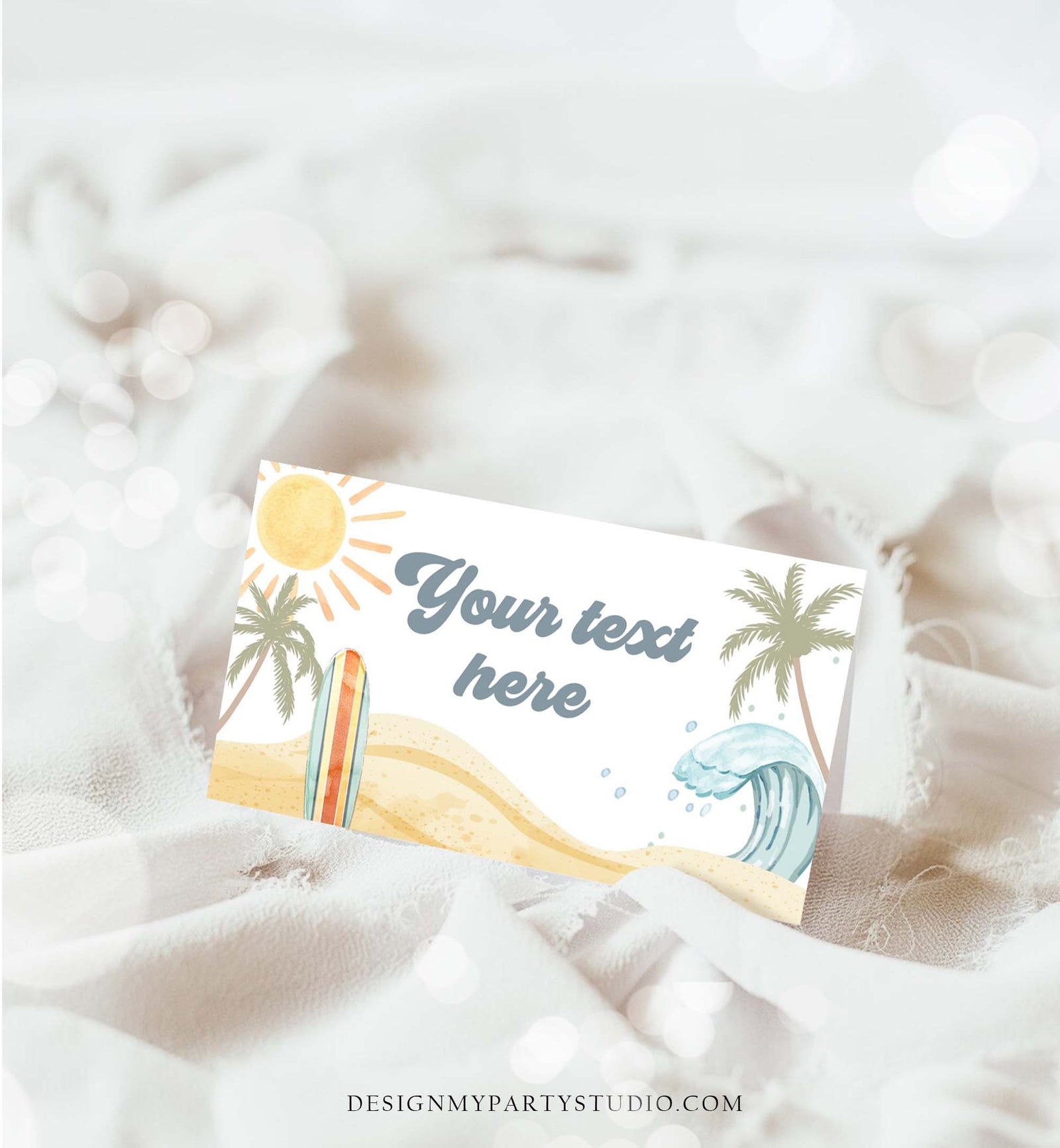 Editable Surf Food Labels Surfboard Birthday Place Card Tent Buffet Beach Party The Big One Retro Boy Digital Template Printable 0433
