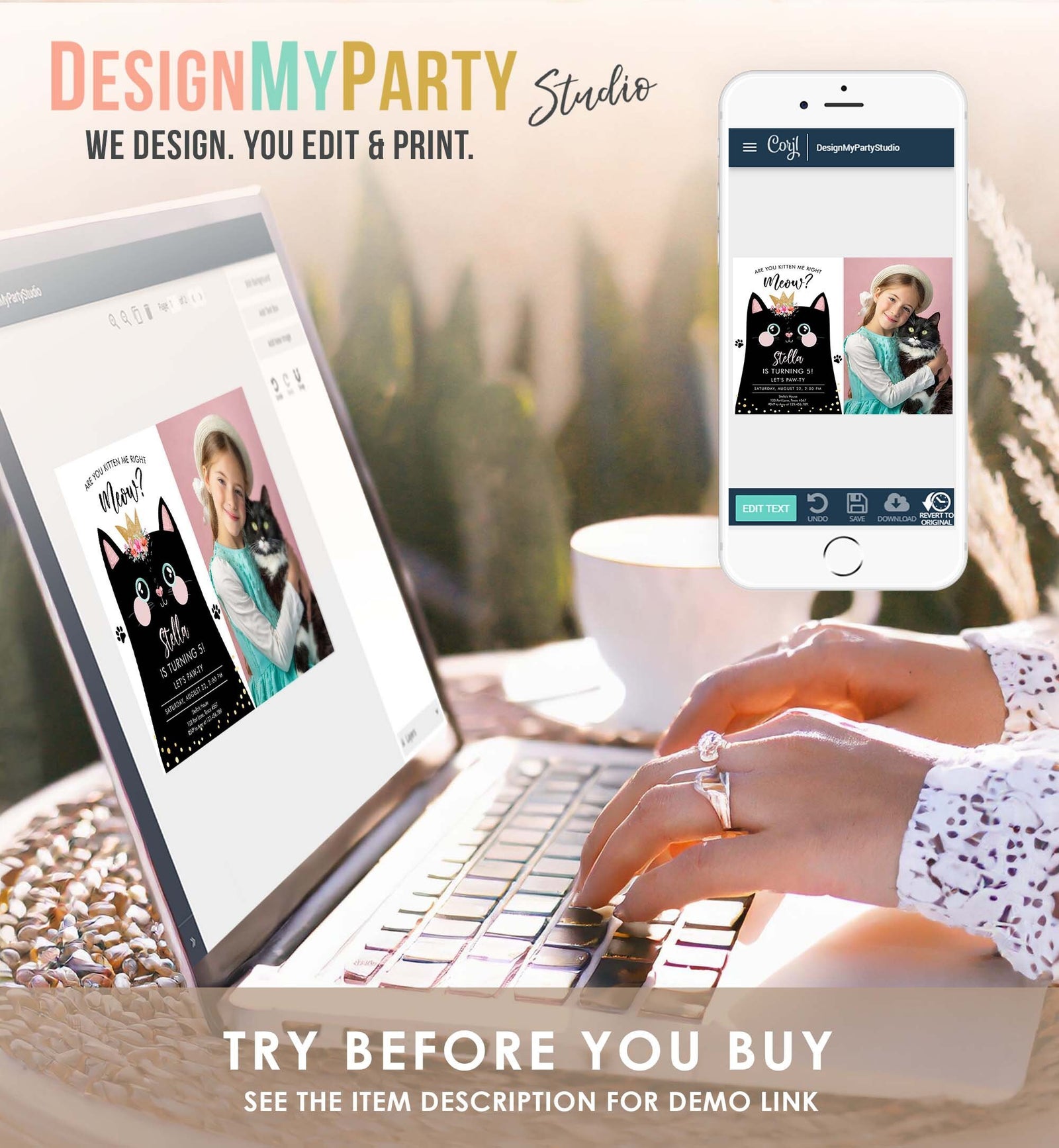 Editable Kitten Birthday Invitation Kitty Cat birthday Party Cat Invite Are You Kitten Me Black Girl Download Evite Template Printable 0381