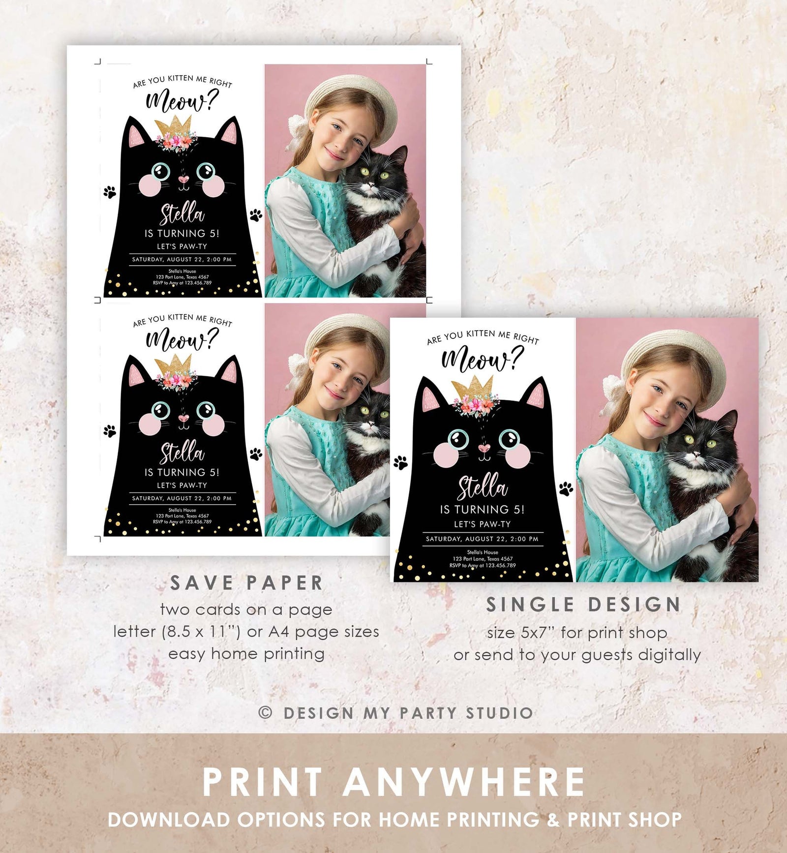 Editable Kitten Birthday Invitation Kitty Cat birthday Party Cat Invite Are You Kitten Me Black Girl Download Evite Template Printable 0381