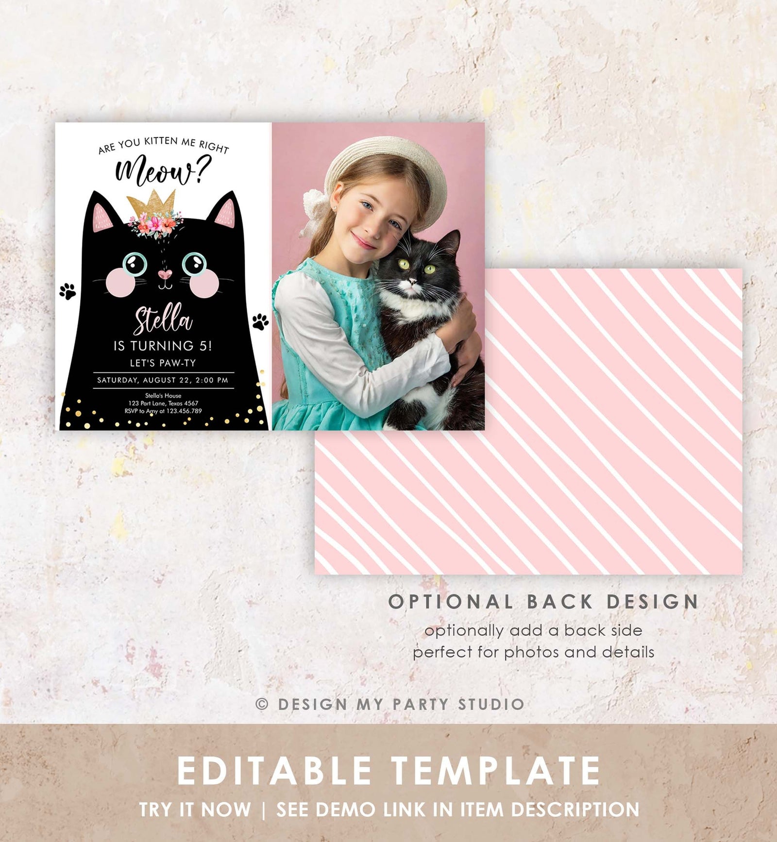 Editable Kitten Birthday Invitation Kitty Cat birthday Party Cat Invite Are You Kitten Me Black Girl Download Evite Template Printable 0381