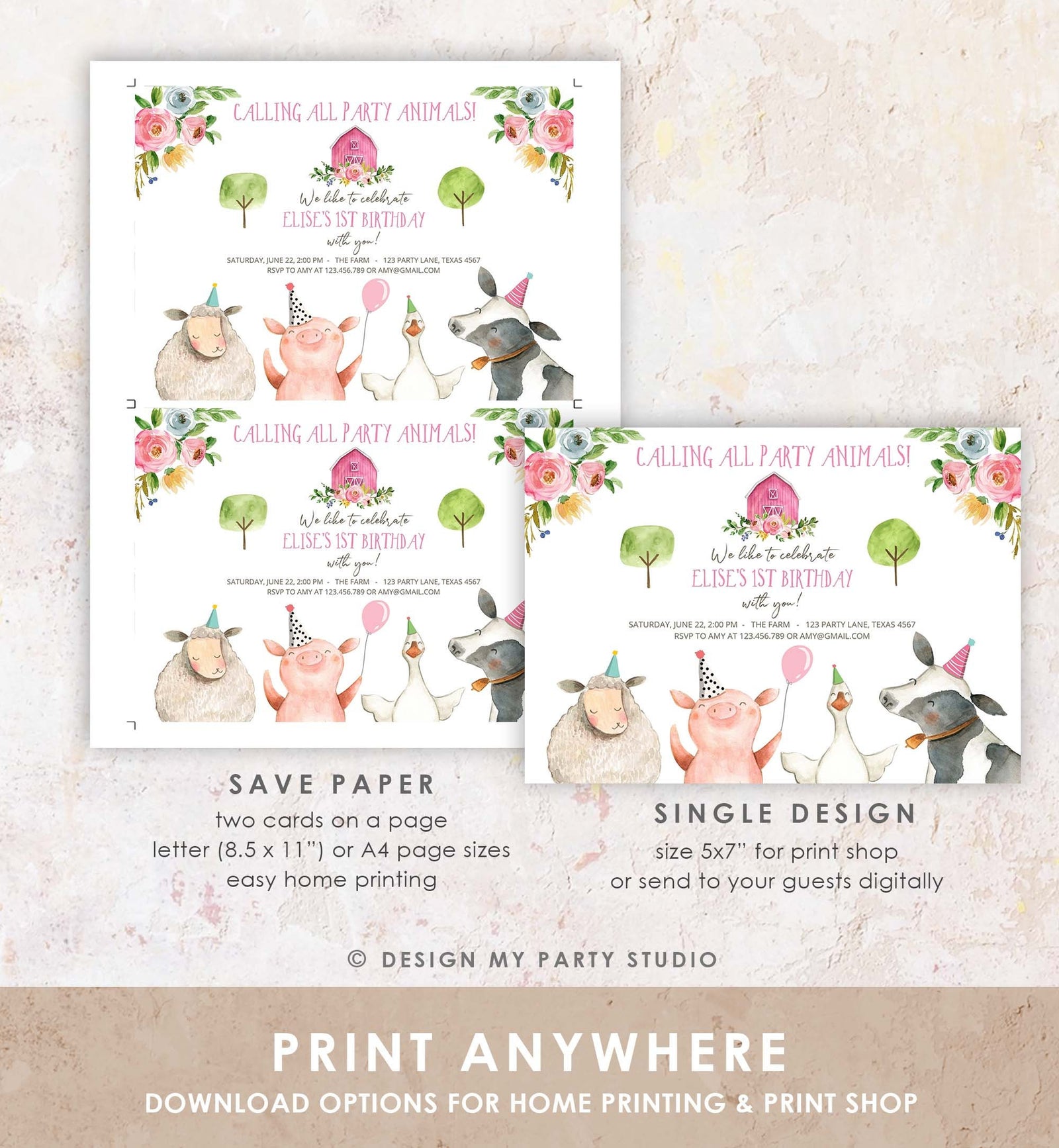 Editable Farm Animals Birthday Invitation Girl Party Animals Pink Barn Barnyard Birthday Digital Download Evite Template Printable 0155