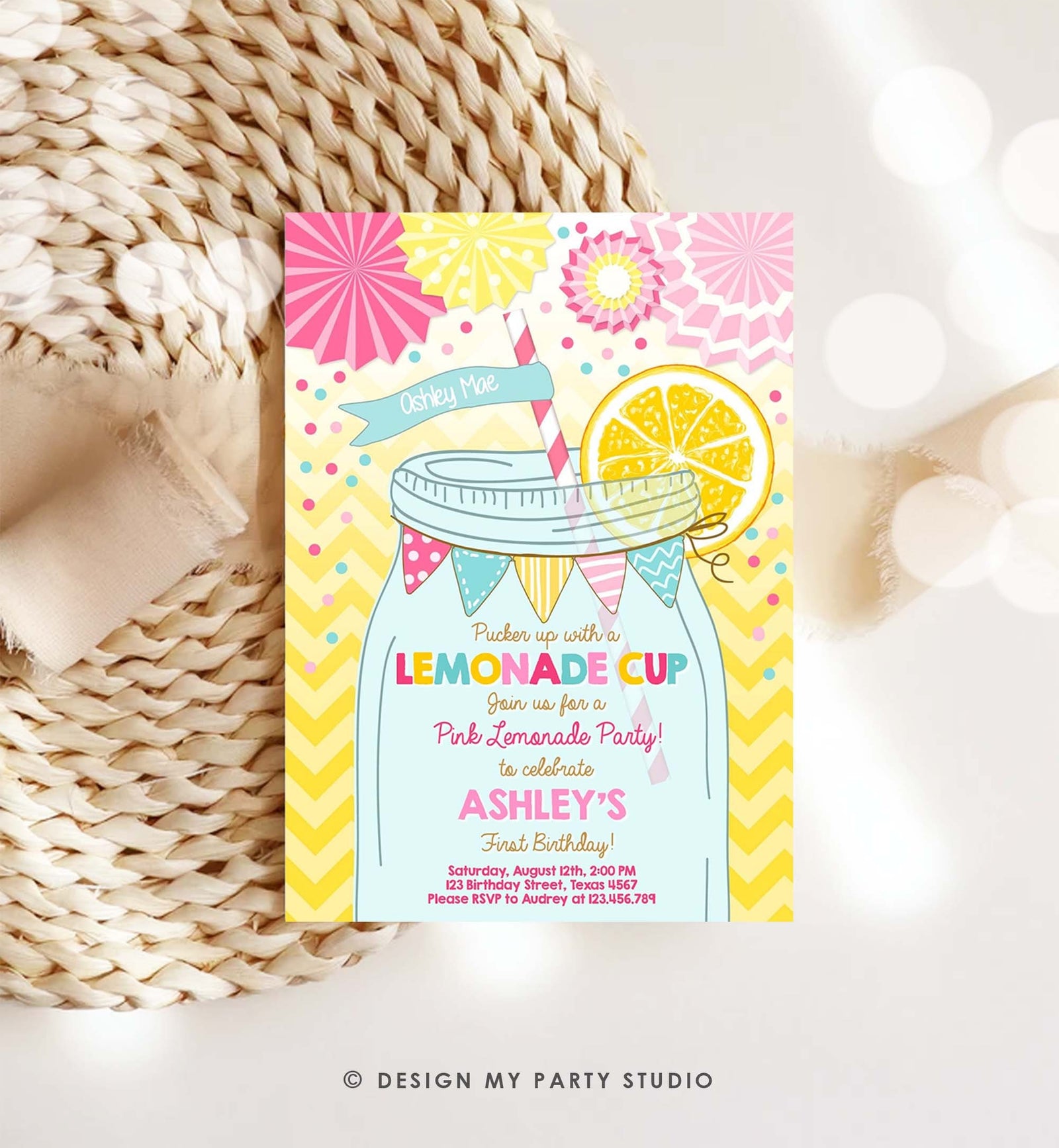 Editable Sunshine Lemonade Birthday Invitation Pink Girl Sunshine Party Lemonade Invitation 1st Birthday Printable Template Corjl 0214