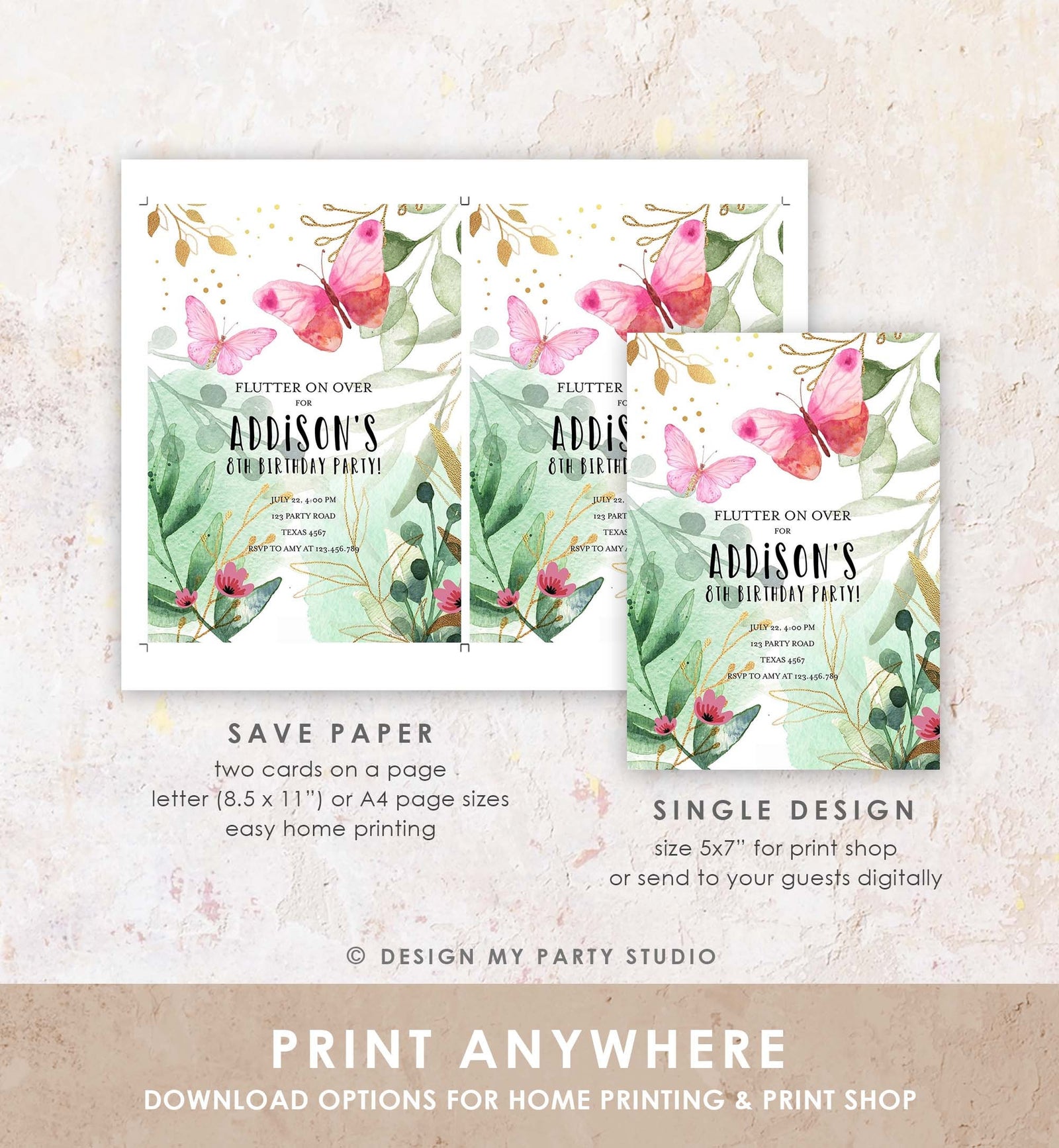 Editable Butterfly Birthday Invitation Butterfly Invitation Garden Floral Flowers Pink Gold Girl Digital Download Template Printable 0170