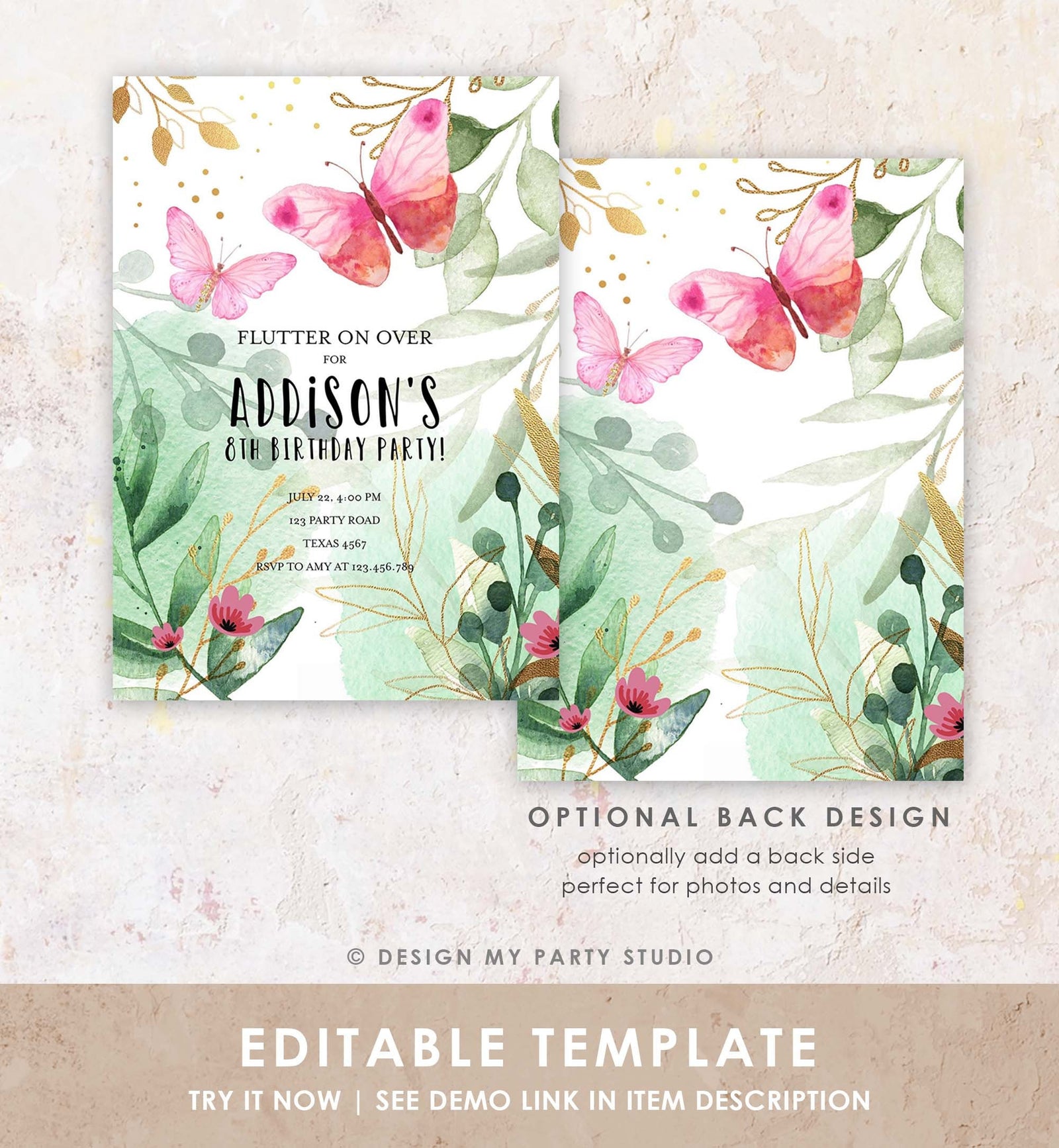 Editable Butterfly Birthday Invitation Butterfly Invitation Garden Floral Flowers Pink Gold Girl Digital Download Template Printable 0170