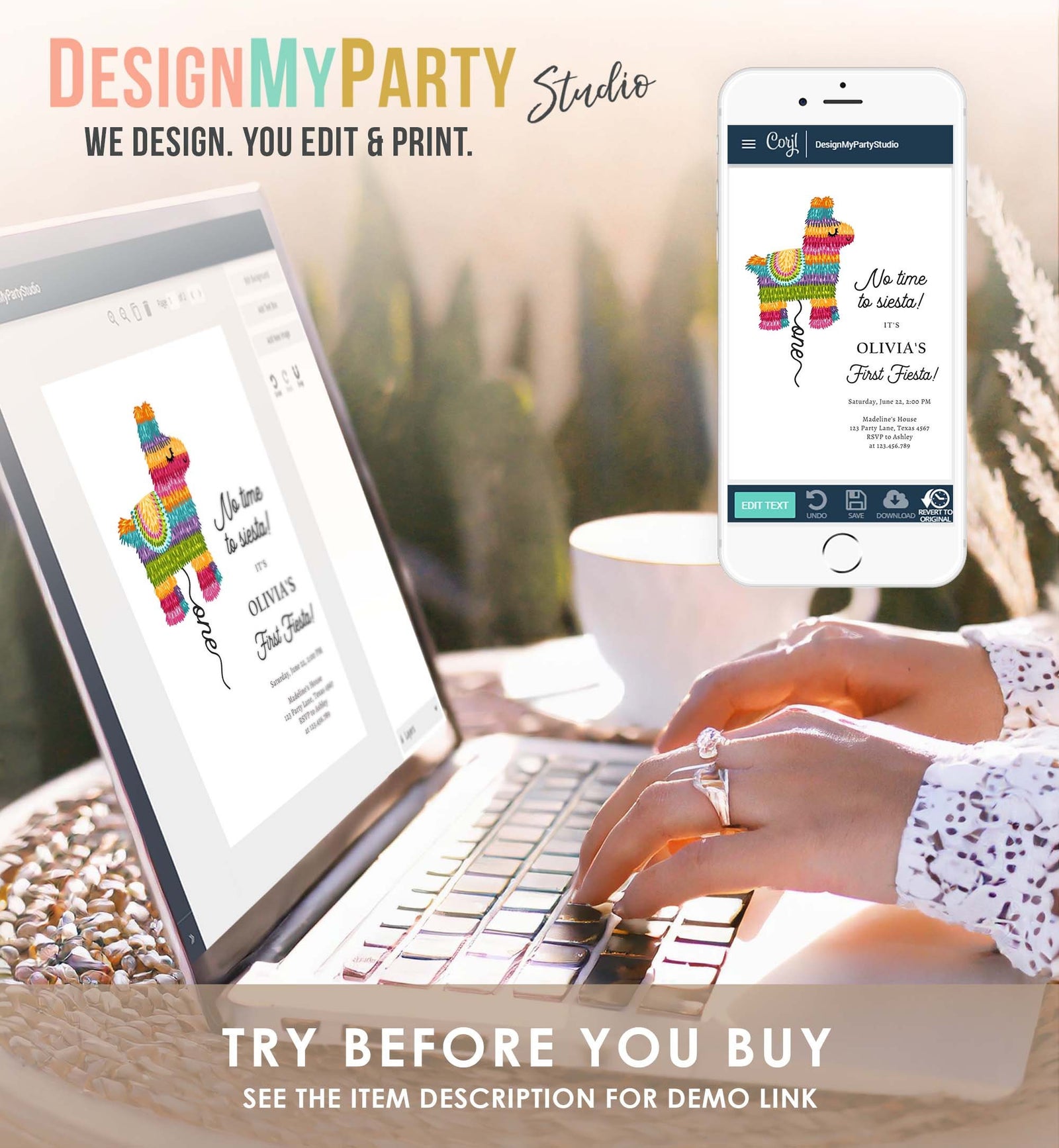 Editable Fiesta Invitation First Fiesta Birthday Mexican Pinata Piñata Invite Girl Kids Siesta Printable Download Template Corjl 0500