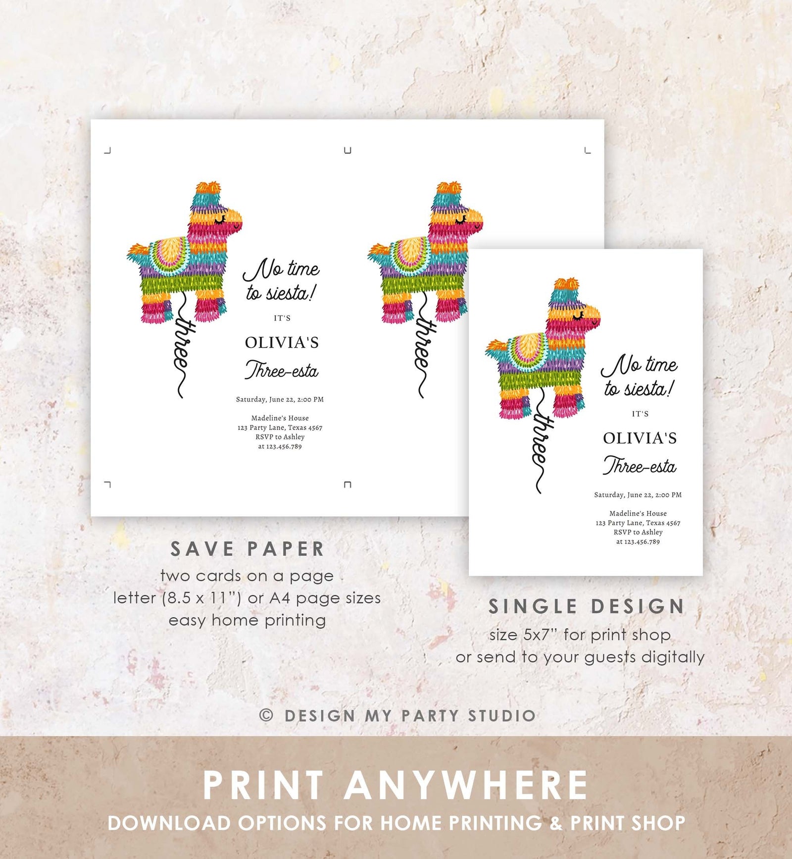 Editable Fiesta Invitation Three-esta Birthday Mexican Pinata Piñata Invite Girl Kids 3rd Siesta Printable Download Template Corjl 0500