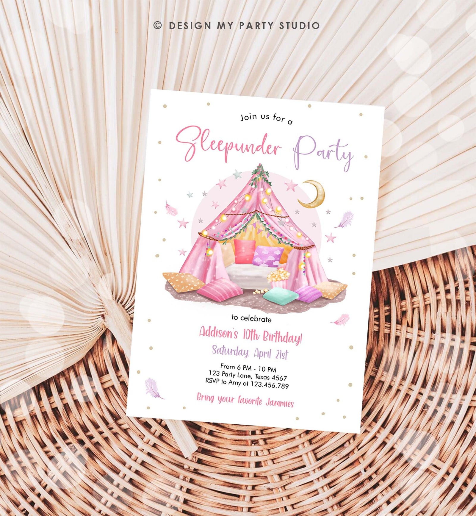Editable Sleepunder Party Birthday Invitation Slumber Party Invite Pink Spa Tween Teen Glamping Movie Download Printable Template Corjl 0499