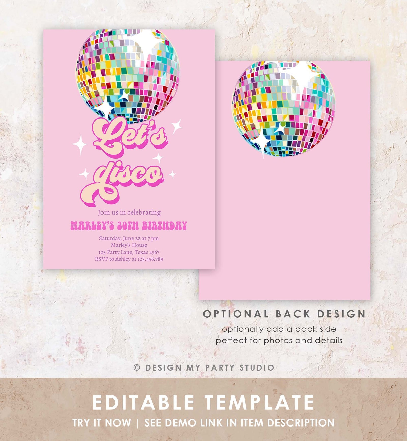 Editable Disco Birthday Party Invitation Disco Party Birthday Adult Let's Disco 70s Retro Pink Dance Download Template Corjl Digital 0501