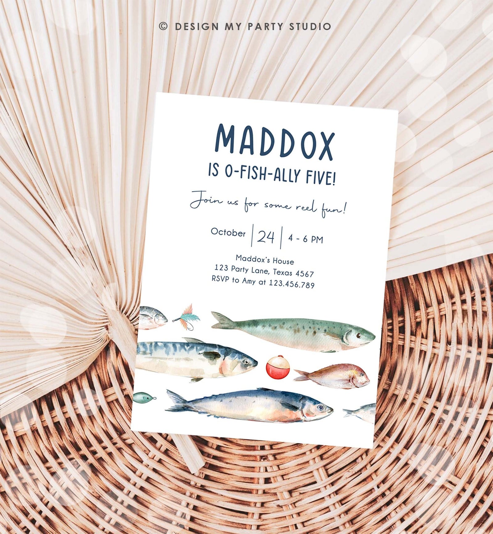 Editable Fishing Birthday Invitation Fishing Party O-Fish-Ally The Big One Gone Fishing Blue Boy Download Printable Template Corjl 0454