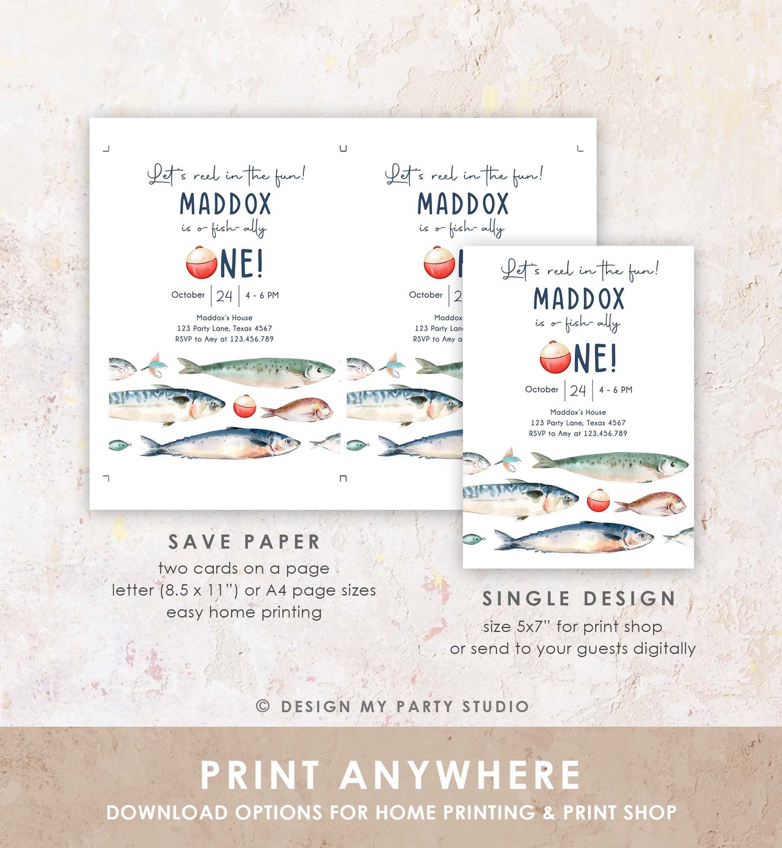 Editable Fishing Birthday Invitation Fishing Party O-Fish-Ally The Big One Gone Fishing Blue Boy Download Printable Template Corjl 0454