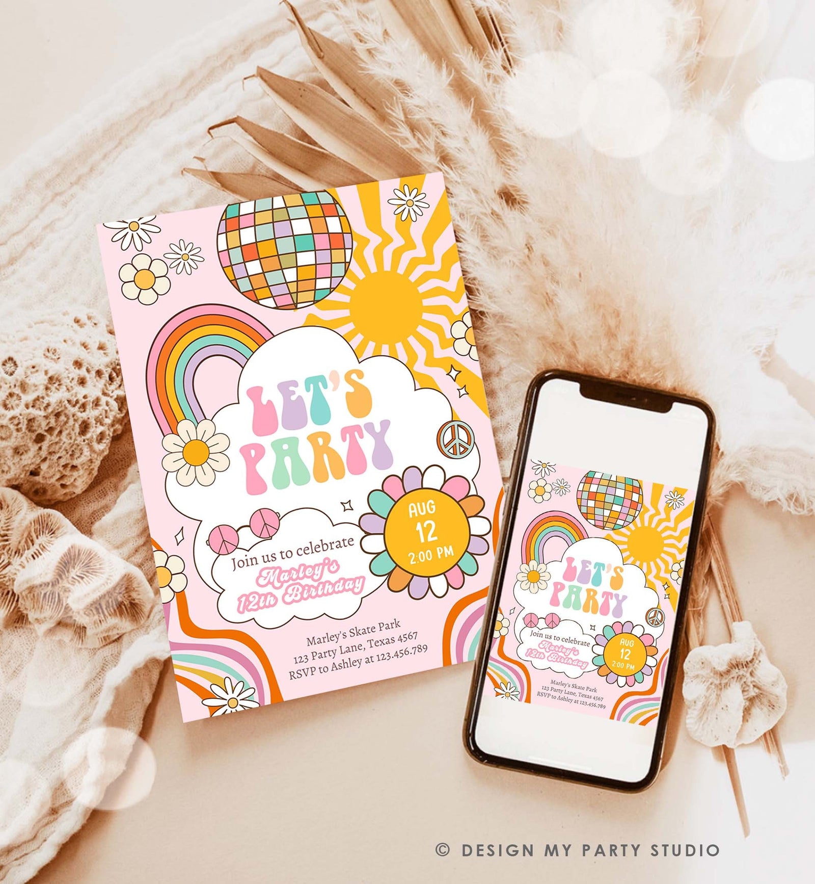 Editable Groovy Birthday Party Invitation Let's Party Birthday Boho Retro Flower Power 70's Girl Pink Digital Evite Template Printable 0538