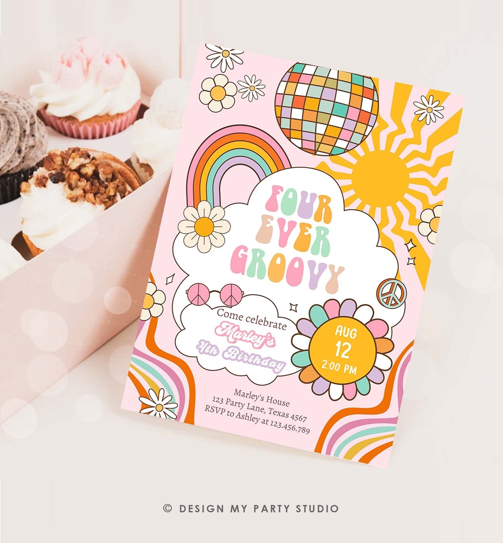 Editable Four ever Groovy Birthday Invitation 4th Birthday Retro Rainbow Peace Love Party Four Digital Download Template Printable 0538