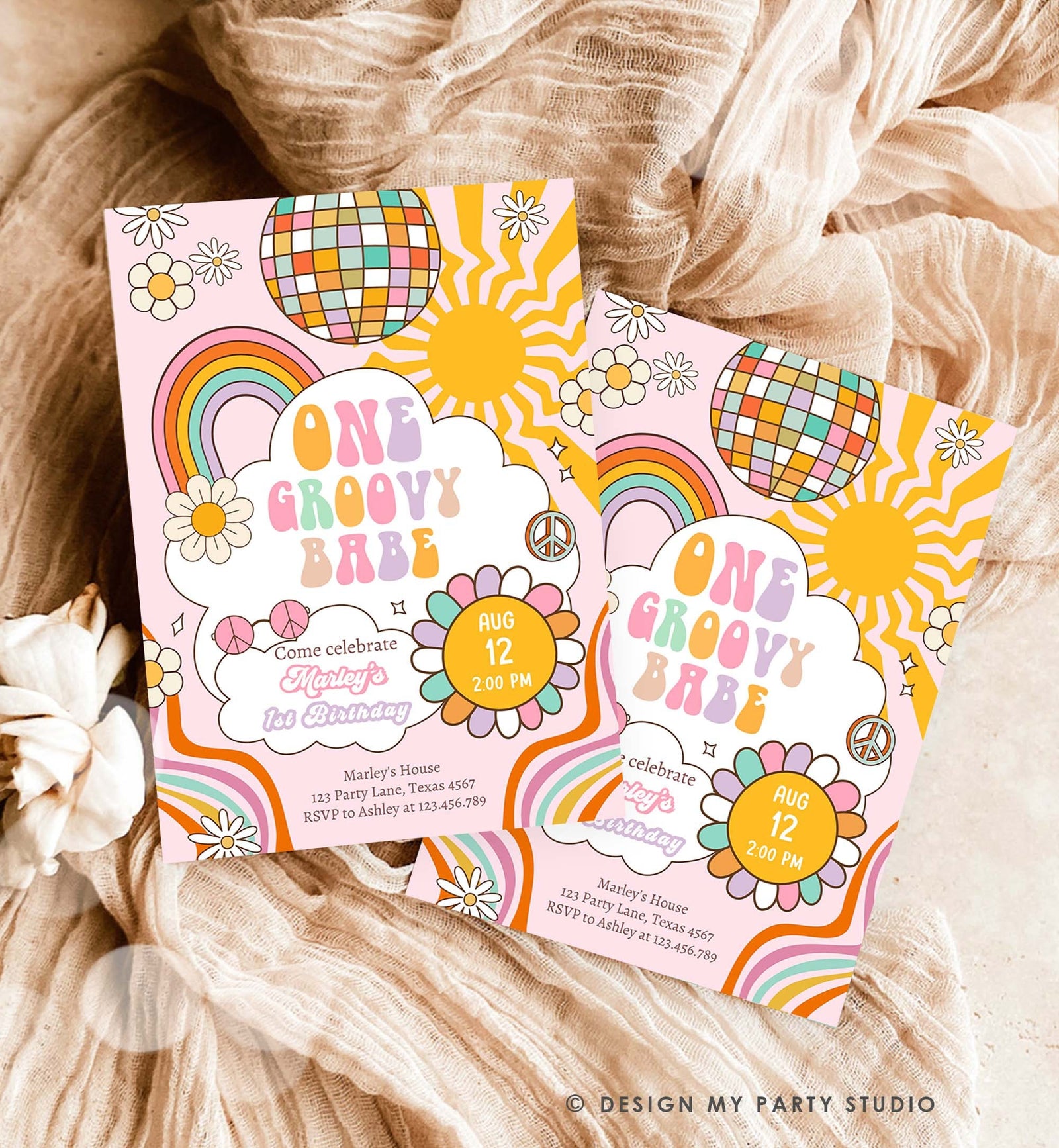 Editable Groovy One Retro 1st Birthday Invitation First Birthday One Groovy Babe Invite Peace Love Pink Download Template Corjl Digital 0538