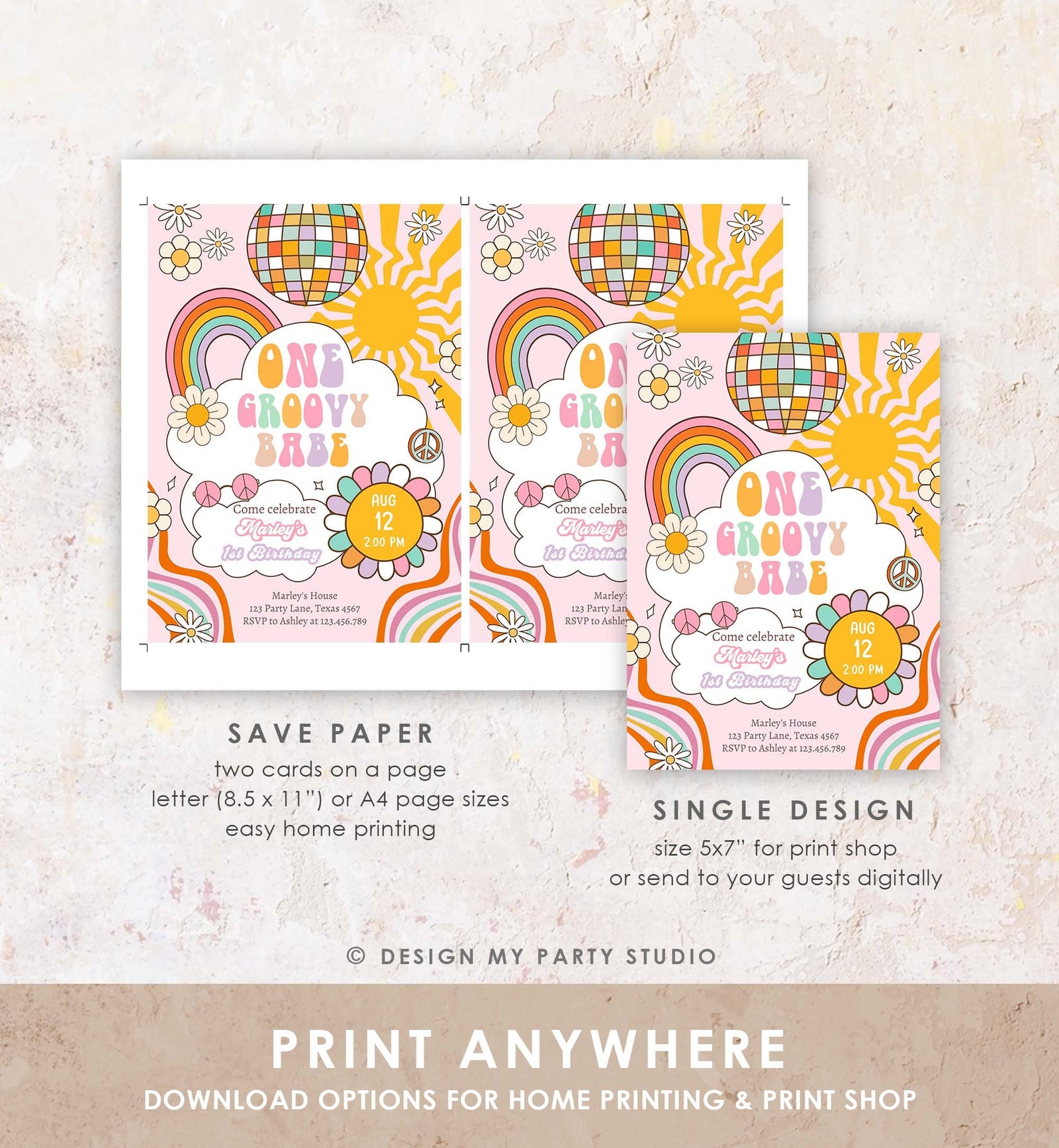 Editable Groovy One Retro 1st Birthday Invitation First Birthday One Groovy Babe Invite Peace Love Pink Download Template Corjl Digital 0538