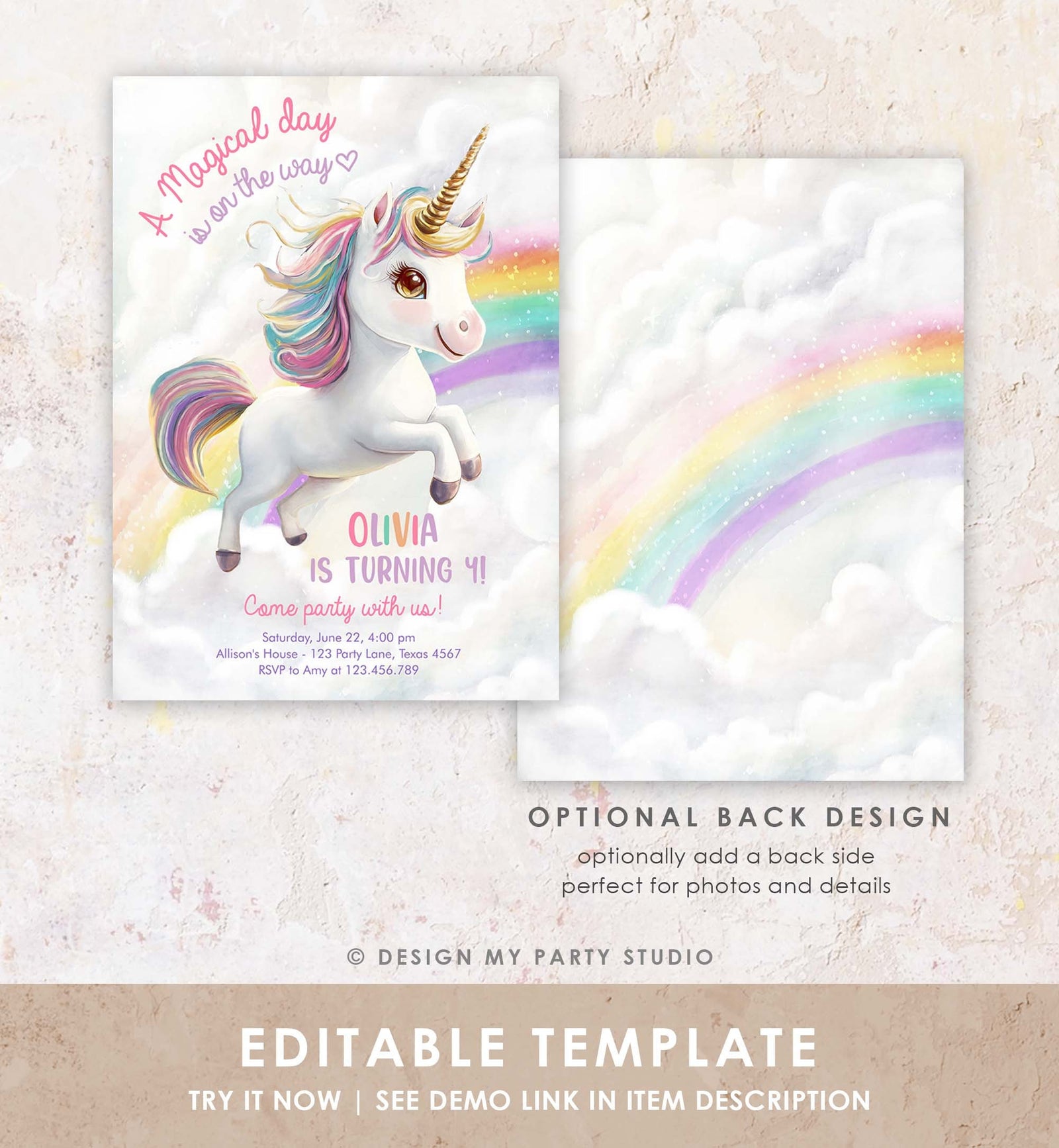 Editable Unicorn Birthday Invitation Magical Party Girl Pink Pastel First Unicorn Party Rainbow Digital Download Template Printable 0503