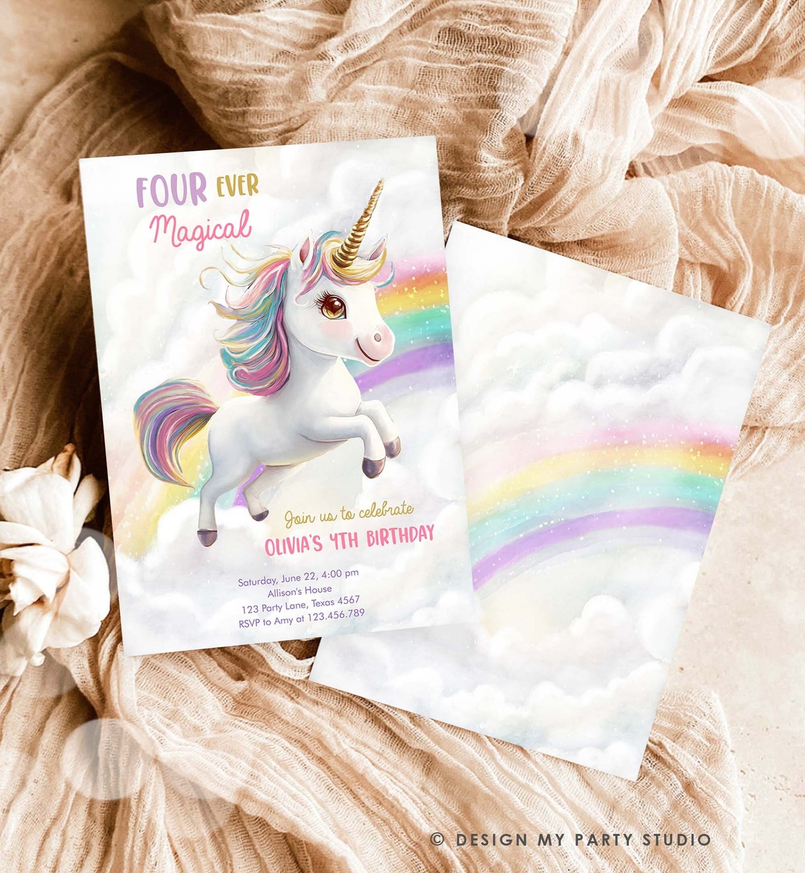 Editable Unicorn 4th Birthday Invitation Four Ever Magical Party Girl Rainbow Fourth Digital Download Evite Template Printable 0503