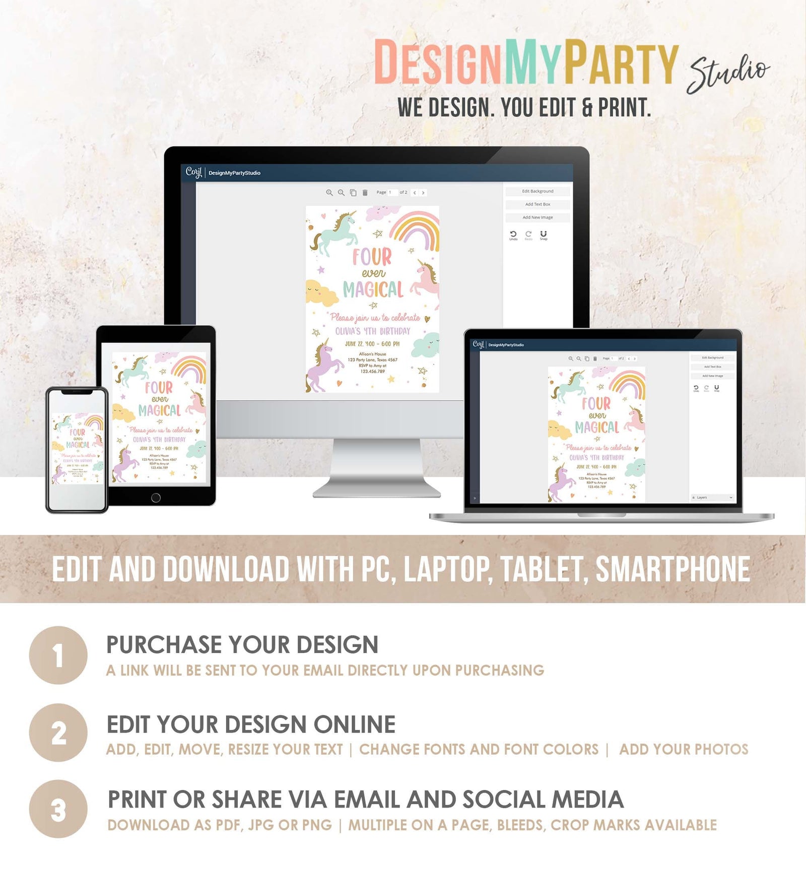 Editable Unicorn 4th Birthday Invitation Four Ever Magical Party Invite Girl Pastel Fourth Birthday Template Rainbow Download Corjl 0426