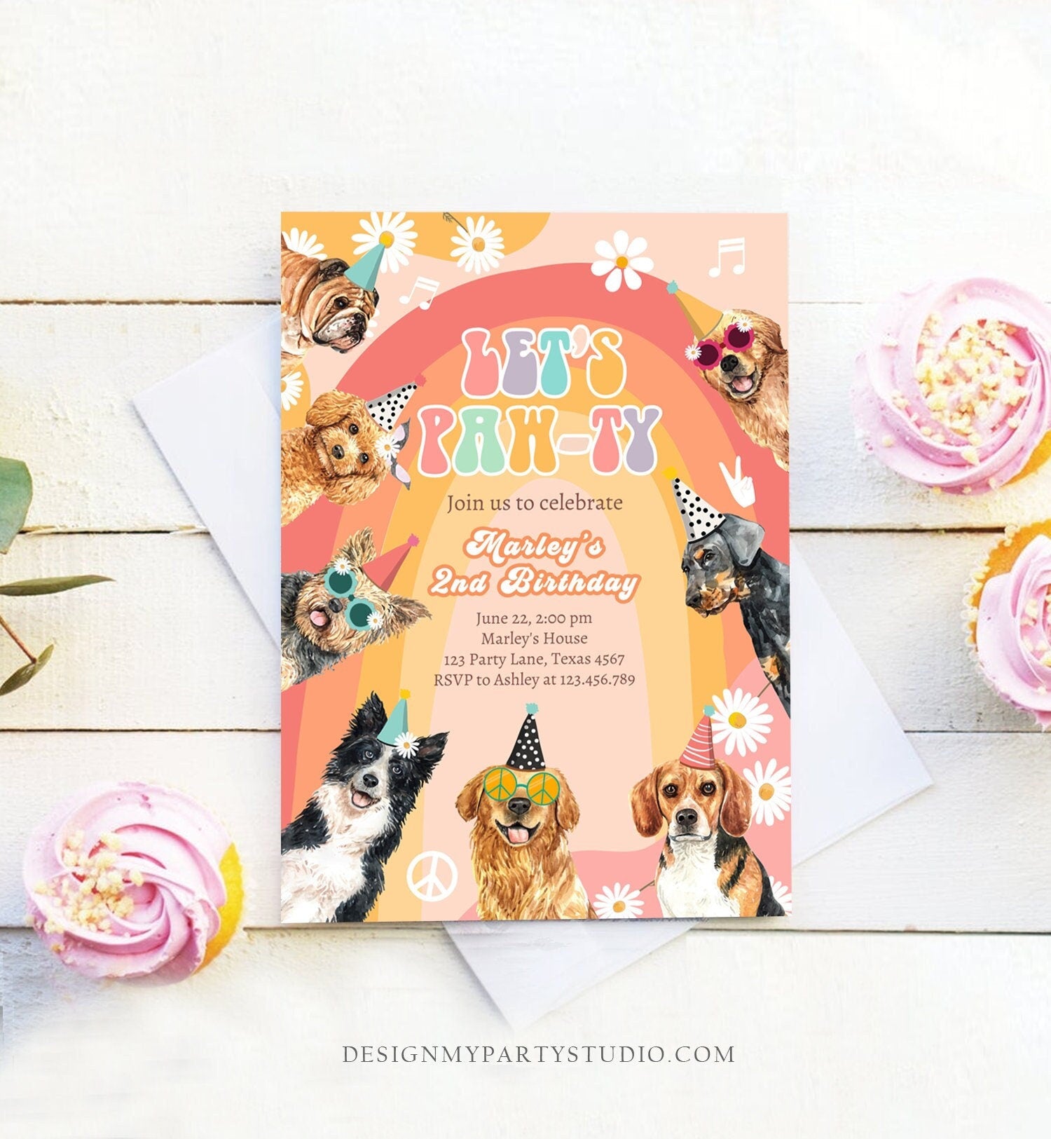 Editable Groovy Dog Birthday Party Invitation Retro Puppy Birthday Girl Doggy Daisy Lets Pawty Digital Download Template Printable 0463