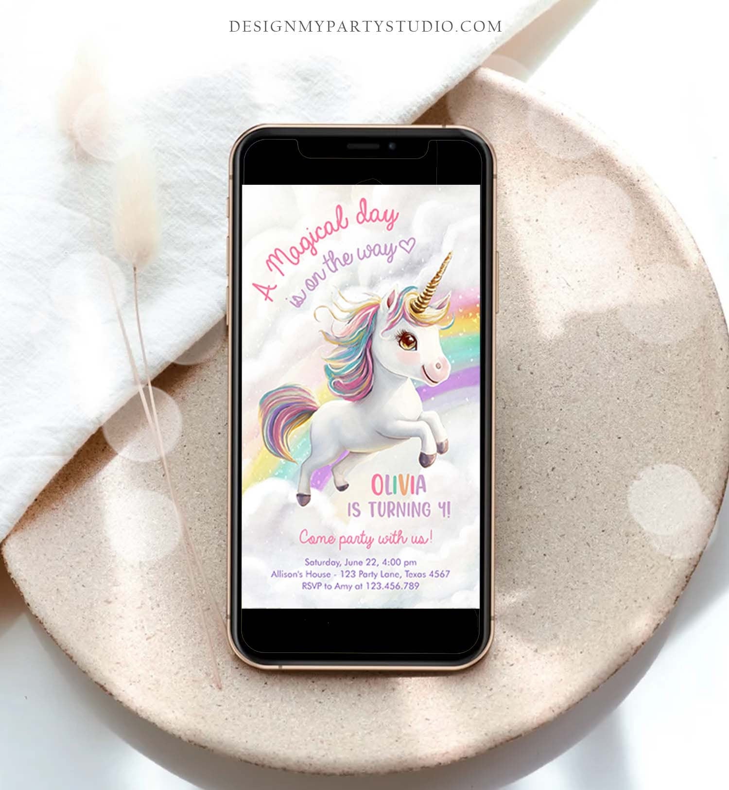 Editable Unicorn Birthday Evite Magical Party Invite Girl Pink Pastel First Digital Unicorn Party Rainbow Phone Digital Template 0503