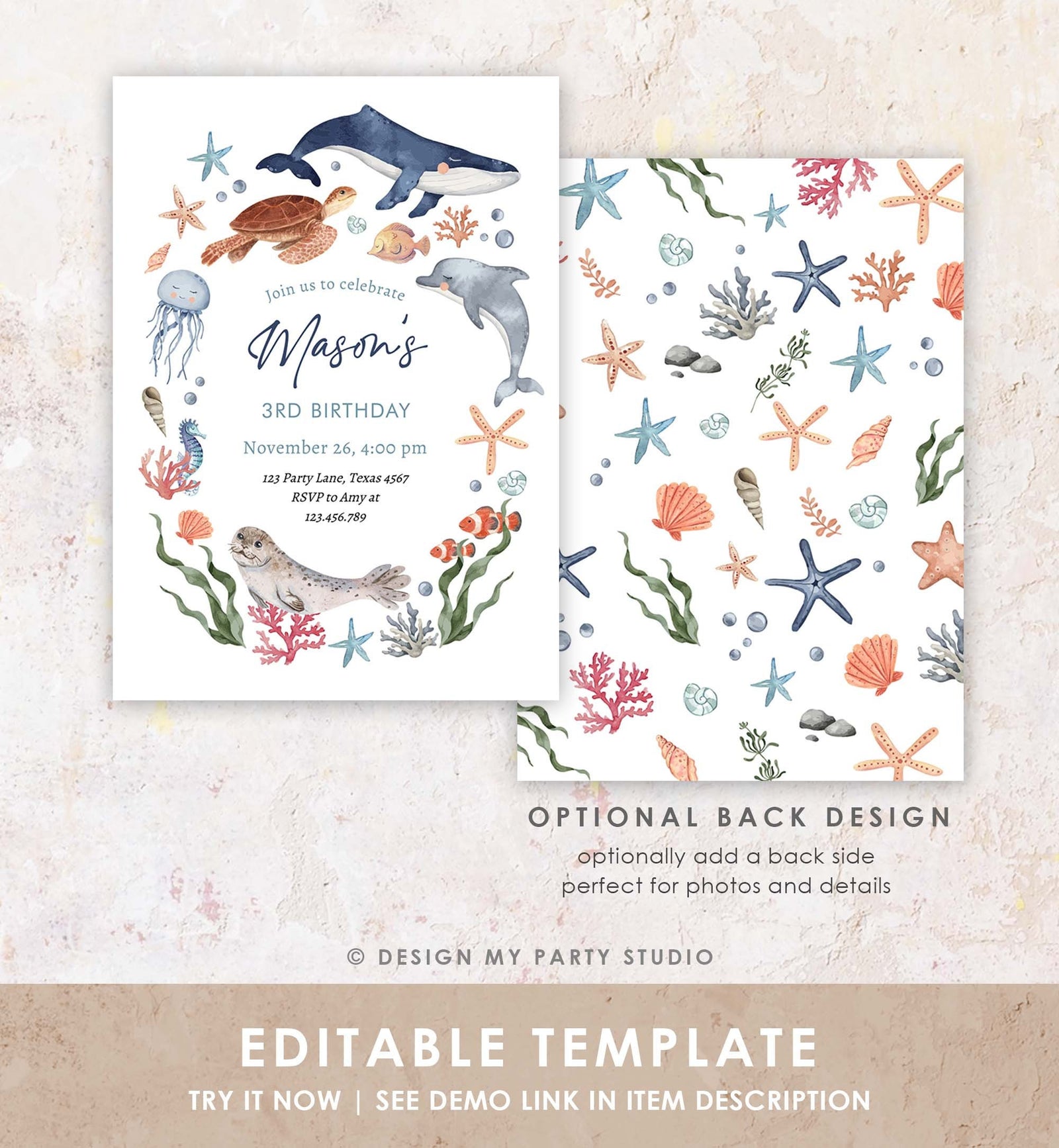Editable Under The Sea Birthday Invitation Nautical Birthday Party Kids Sea Life Ocean Animals Digital Download Template Printable 0504