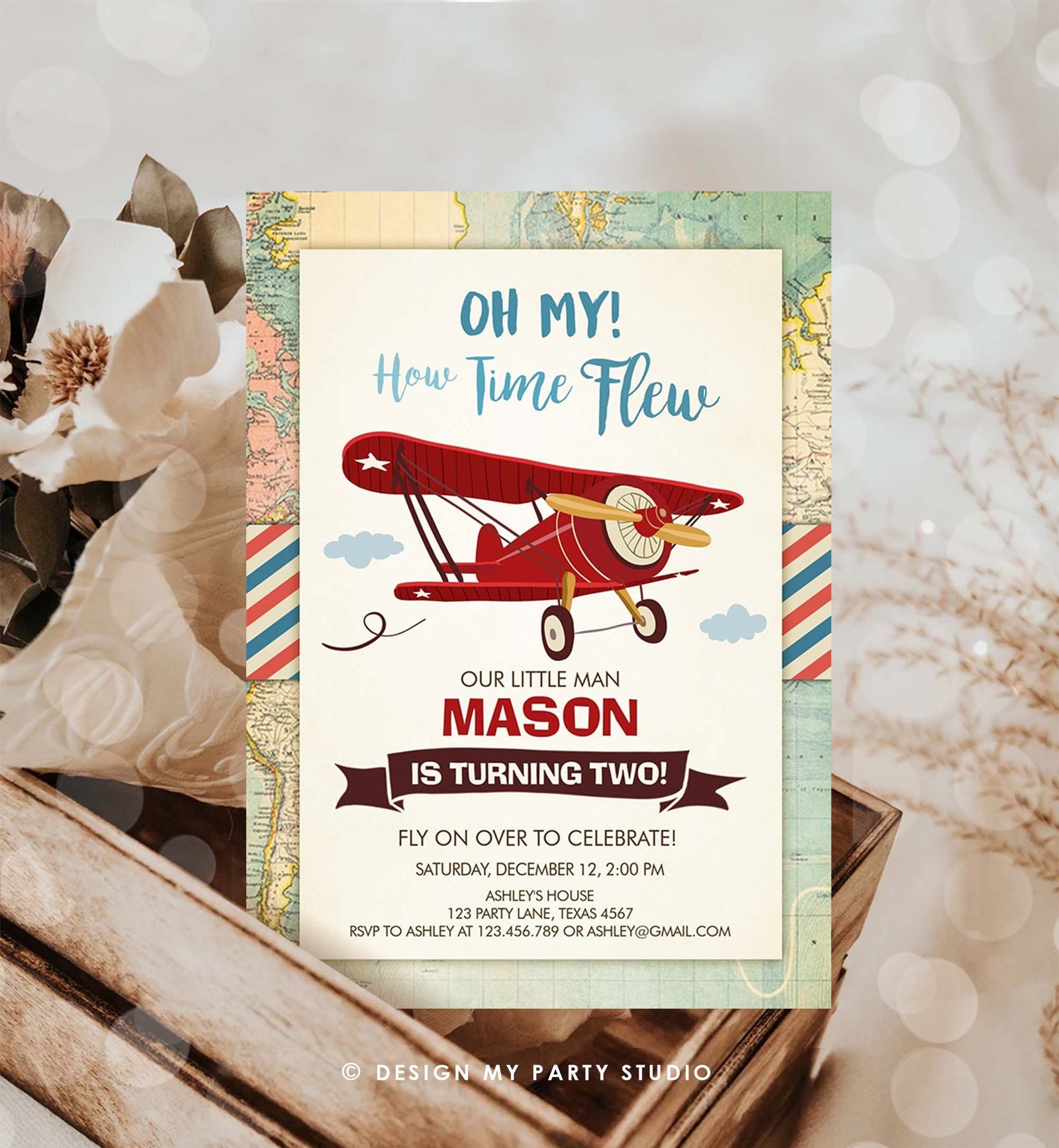 Editable Airplane Birthday Invitation Oh My Time Flew Red Airplane Second Birthday Plane Sky Digital Download Evite Template Printable 0011