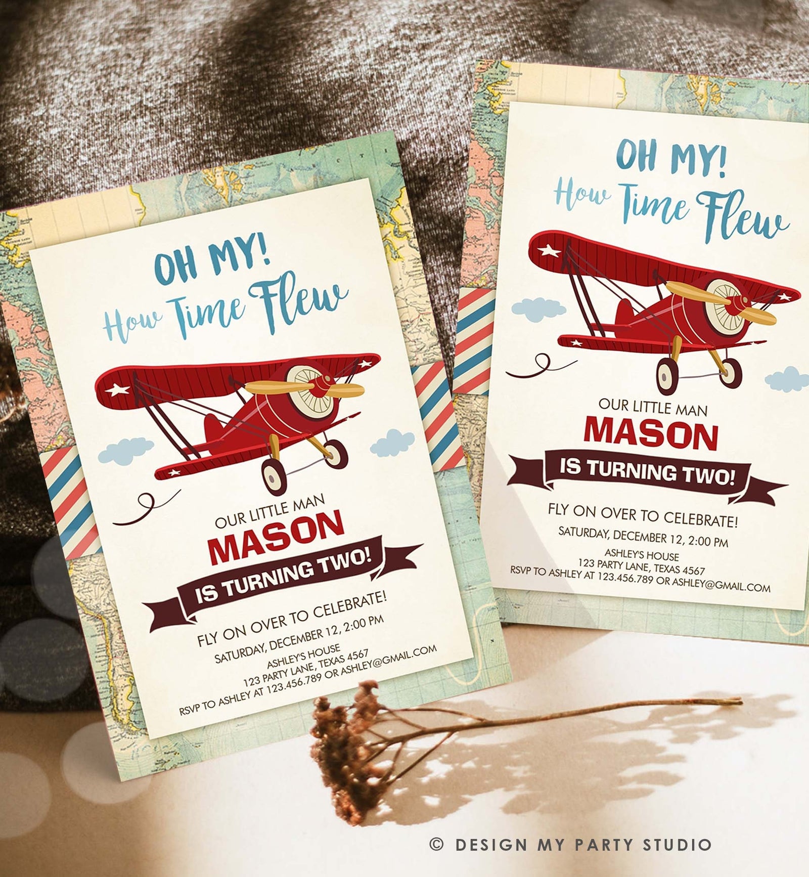 Editable Airplane Birthday Invitation Oh My Time Flew Red Airplane Second Birthday Plane Sky Digital Download Evite Template Printable 0011