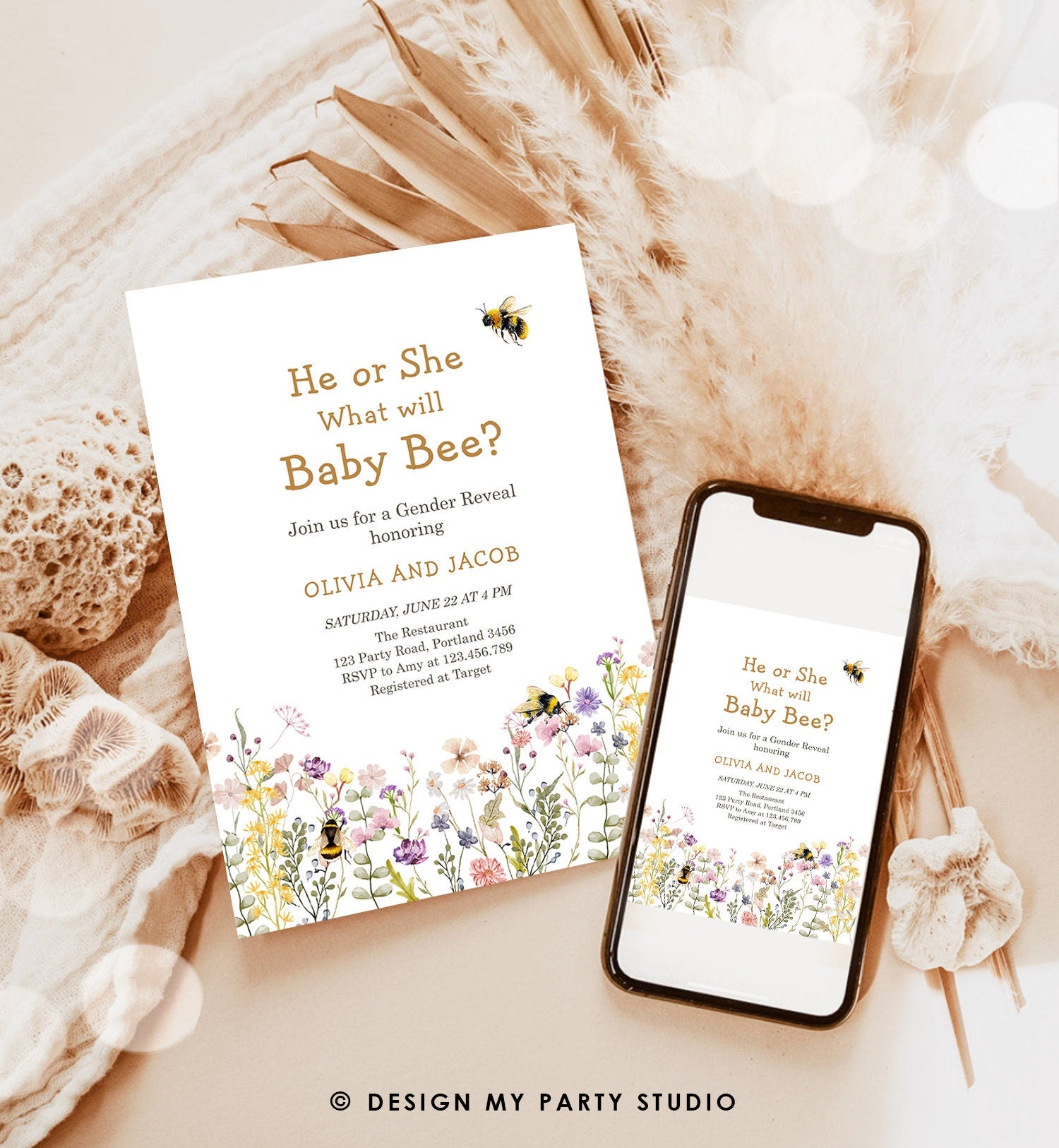 Editable Bee Gender Reveal Invitation What Will Baby Bee Baby Shower Gender Neutral Honey Digital Download Evite Template Printable 0502