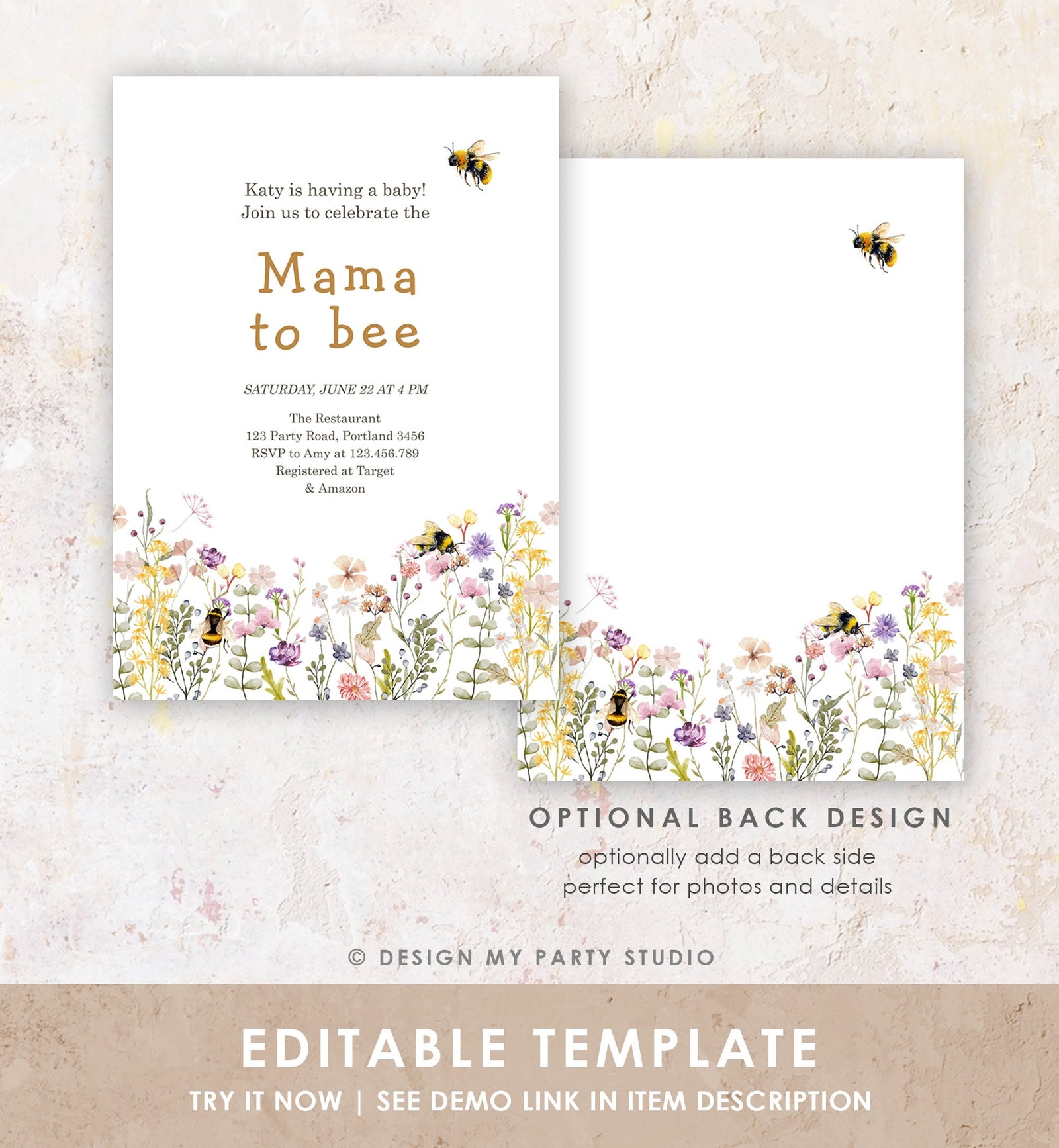 Editable Mama to Bee Invitation Wildflower Baby Shower Bee Honey Boho Mommy to Bee Summer Digital Download Evite Template Printable 0502