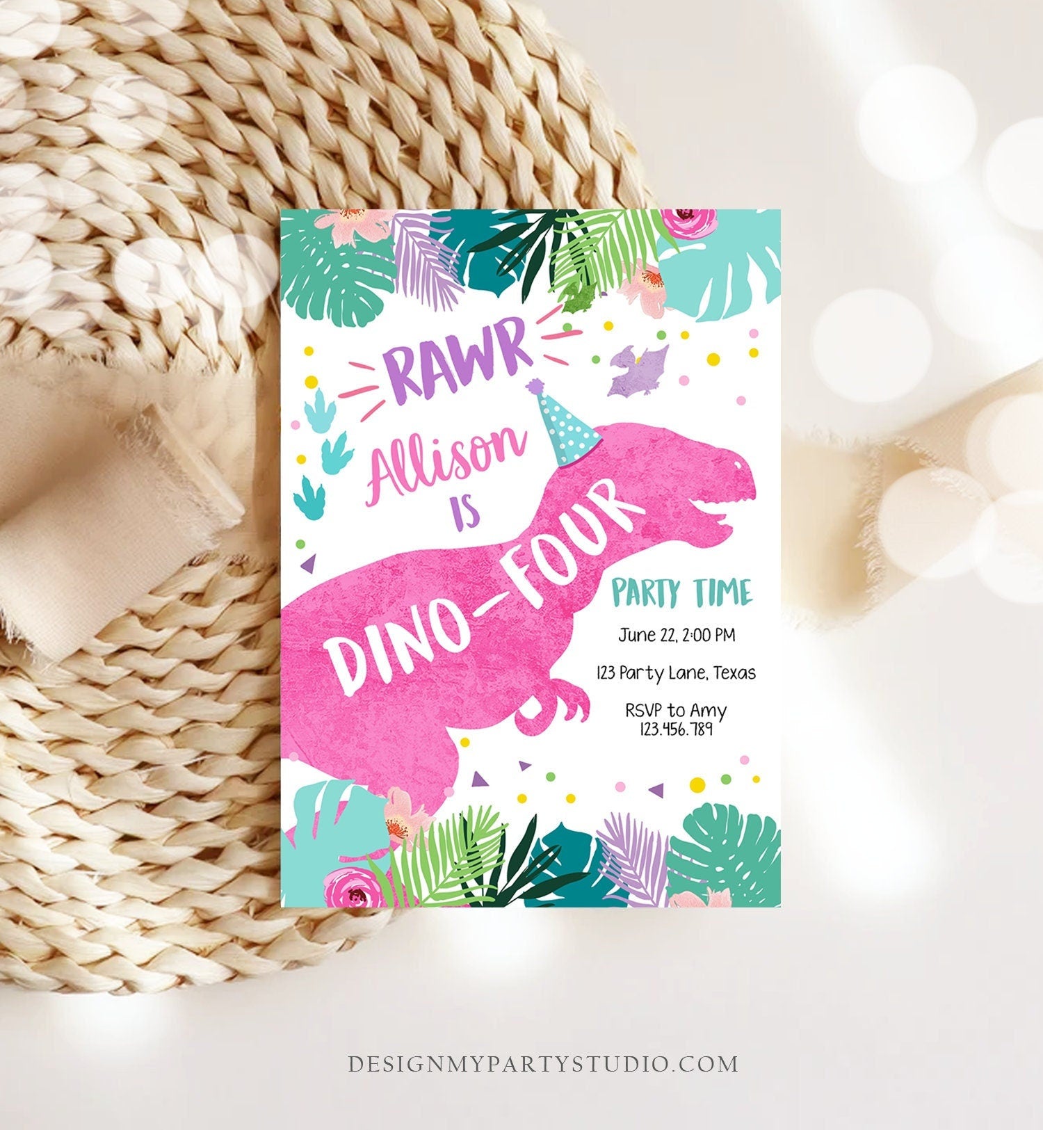 Editable Dino-Four Dinosaur Birthday Invitation Dino T-Rex 4th Birthday Fourth Rawr Girl Pink Dino Prehistoric Printable Corjl Template 0423