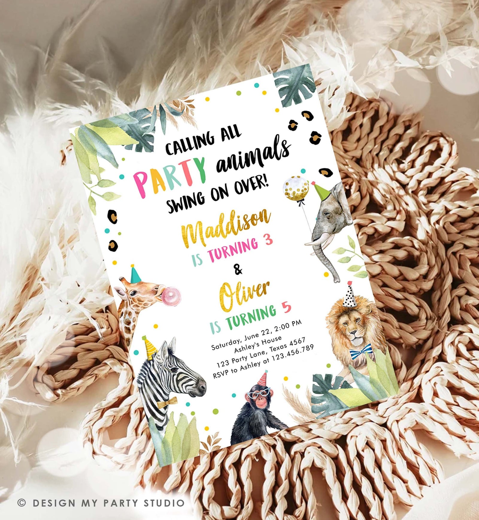 Editable Party Animals Joint Birthday Invitation Wild One Zoo Safari Animals Girl Boy Siblings Twins Download Corjl Template Printable 0417