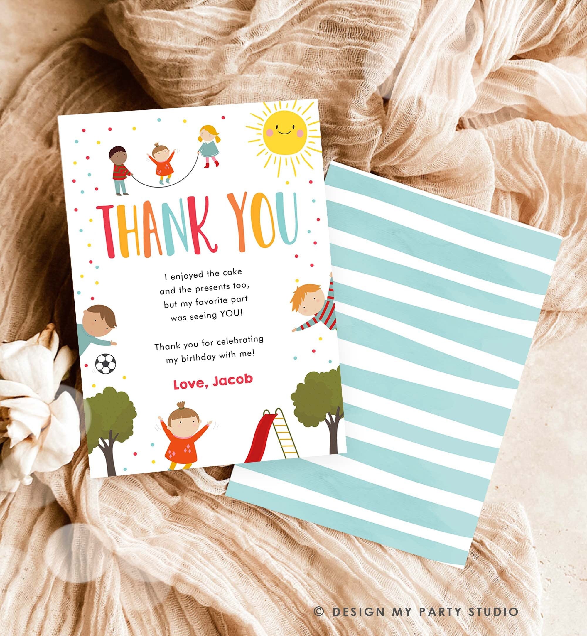 Editable Playground Thank You Card Birthday Boy In the Park Party Climb Slide and Play Download Printable Corjl Template Digital 0327