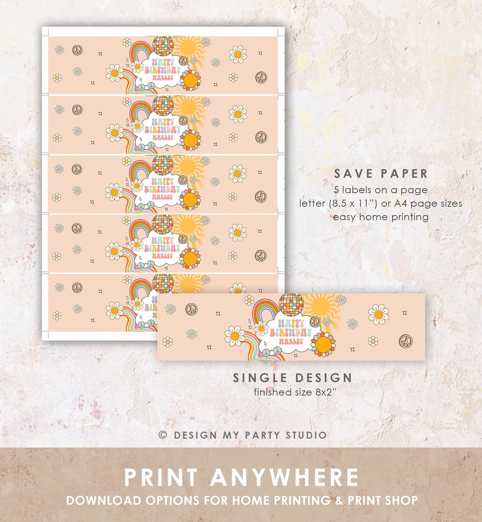 Editable Retro Groovy Water Bottle Label Boy Boho Hippie 70's Party Flower Power Peace Love Girl Download Template Corjl Printable 0459