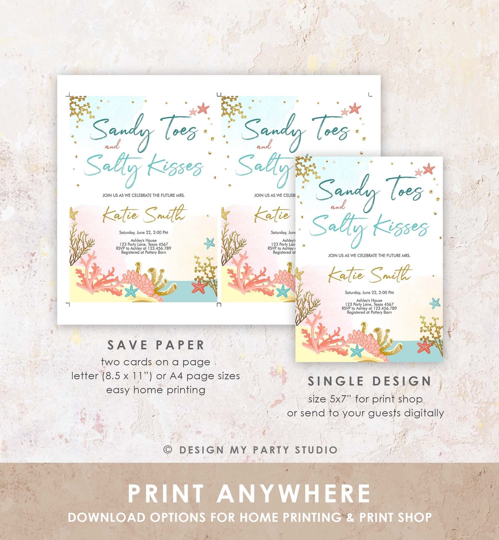 Editable Beach Theme Bridal Shower Invitation Sandy Toes and Salty Kisses Nautical Gold Coral Download Printable Template Corjl 0129