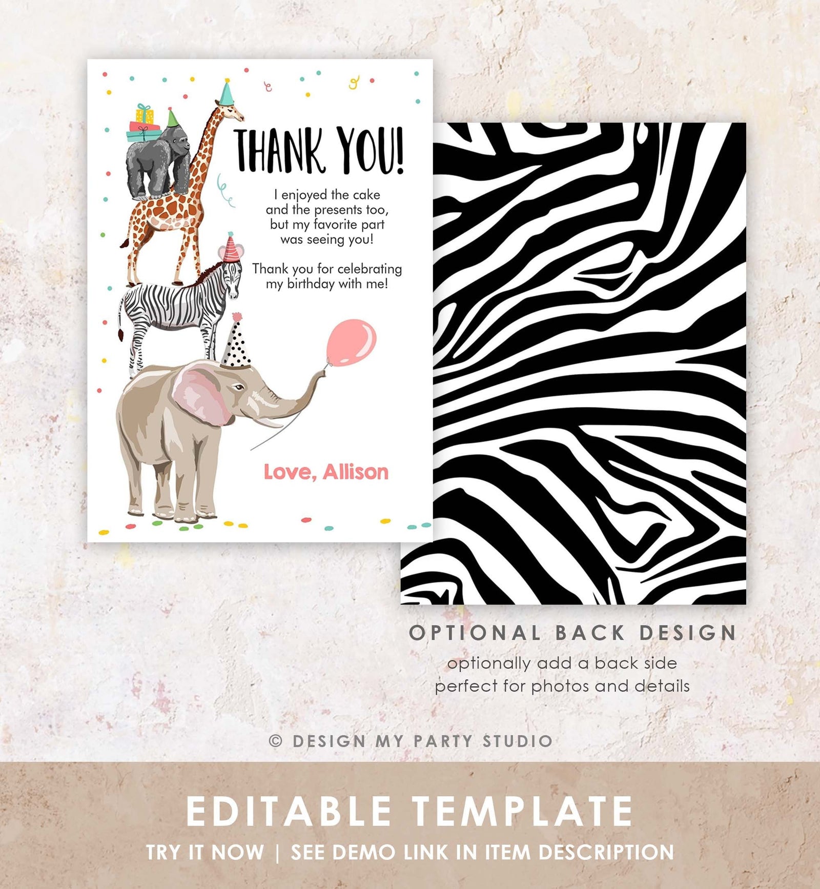 Editable Thank You Card Party Animals Thank you Note Wild Safari Animals Girl Jungle Zoo Download Printable Template Digital Corjl 0142