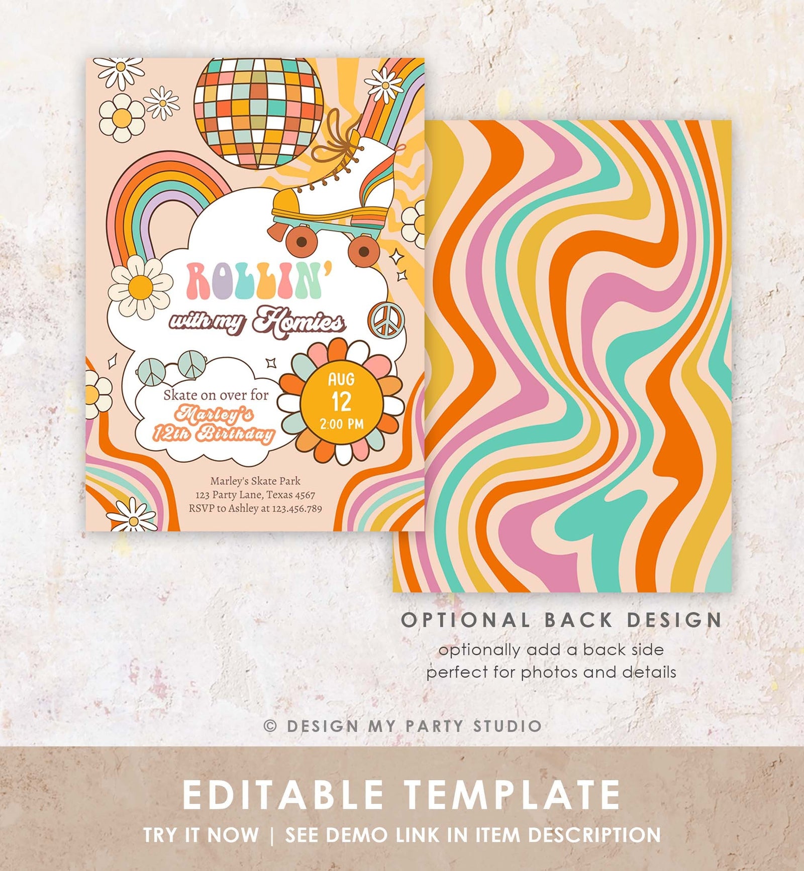 Editable Retro Roller Skate Birthday Party Invitation Let's Roll Skating Kids Rainbow 70's Skate Invite Download Template Corjl Digital 0459