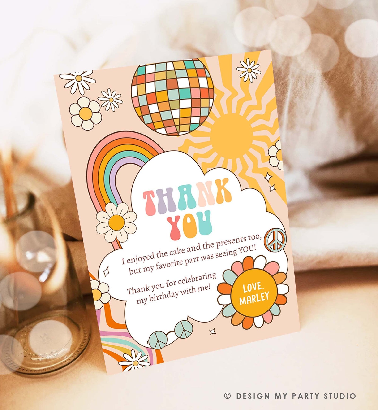 Editable Groovy Birthday Thank You Card Groovy Baby Shower Two Groovy One Boho Retro 70s Daisy Download Template Corjl Printable 0459
