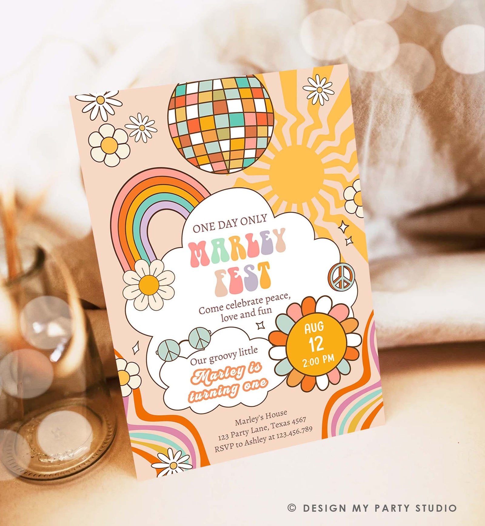 Editable Groovy Fest Retro Boho Birthday Invitation First Birthday One Two Groovy Invite Peace Love Download Template Corjl Digital 0459