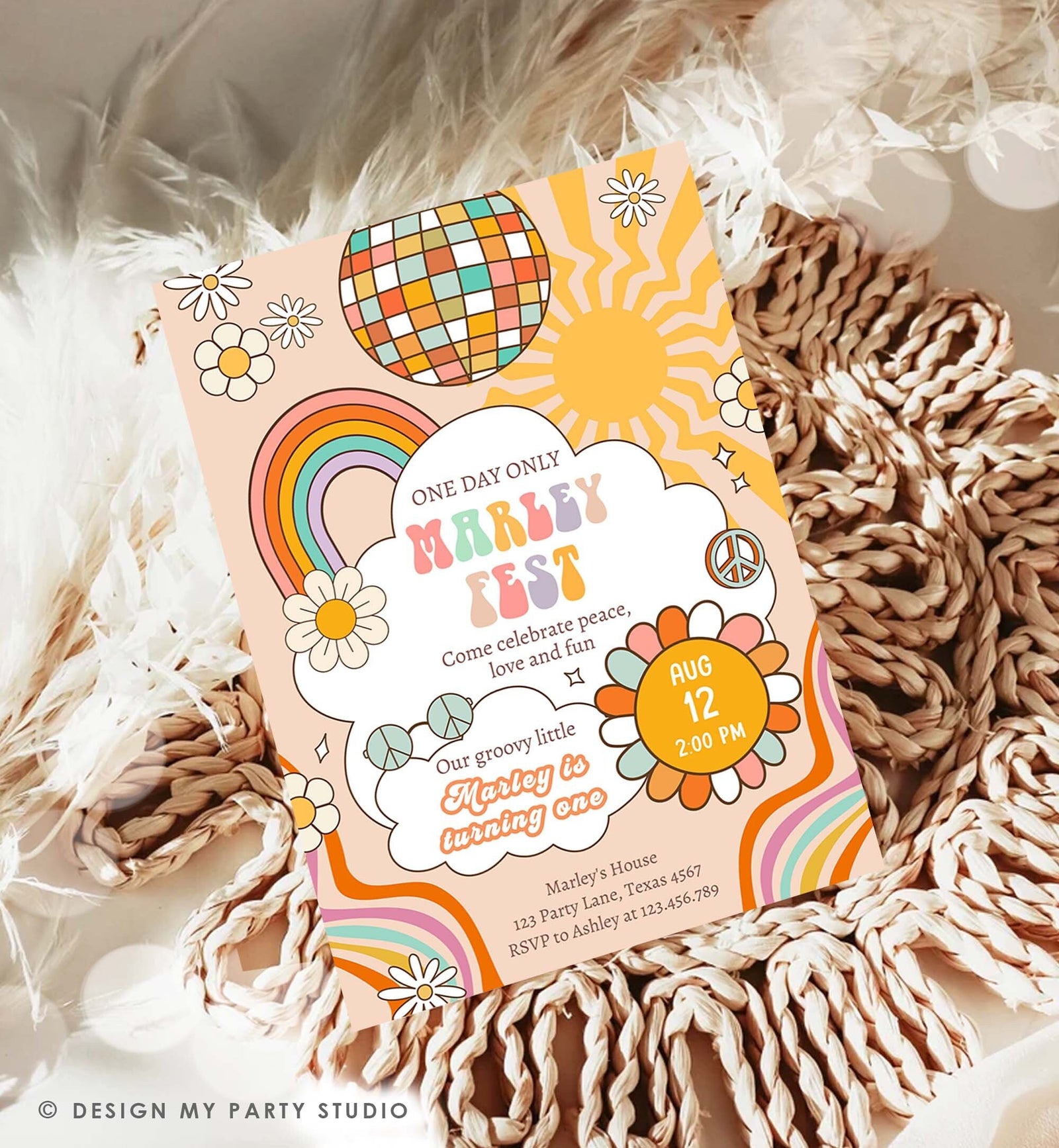 Editable Groovy Fest Retro Boho Birthday Invitation First Birthday One Two Groovy Invite Peace Love Download Template Corjl Digital 0459