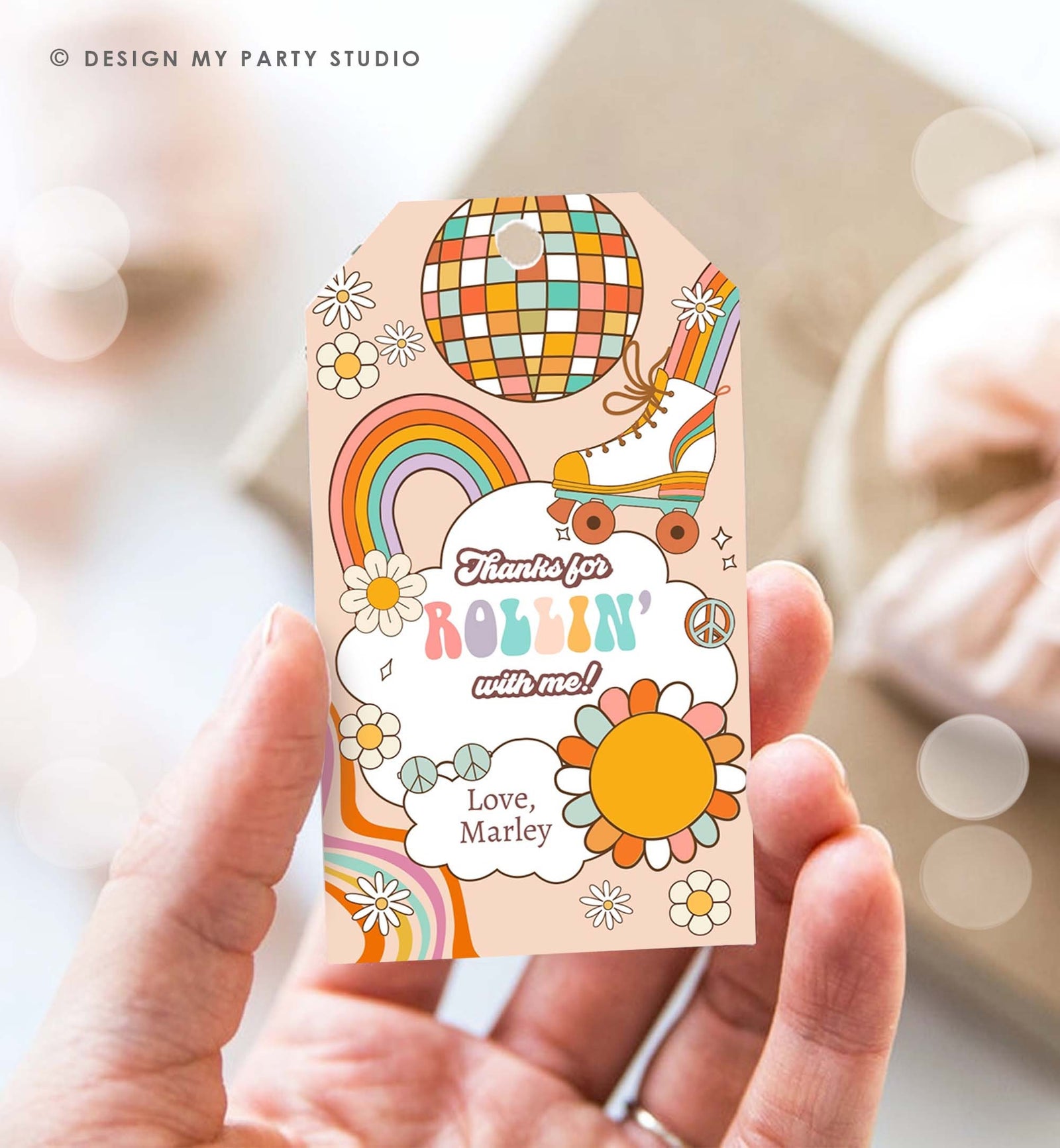 Editable Roller Skate Favor Tag Groovy Retro Birthday Thank You Tags Girl Retro 70's Party Flower Power Hippie Printable Corjl Template 0459